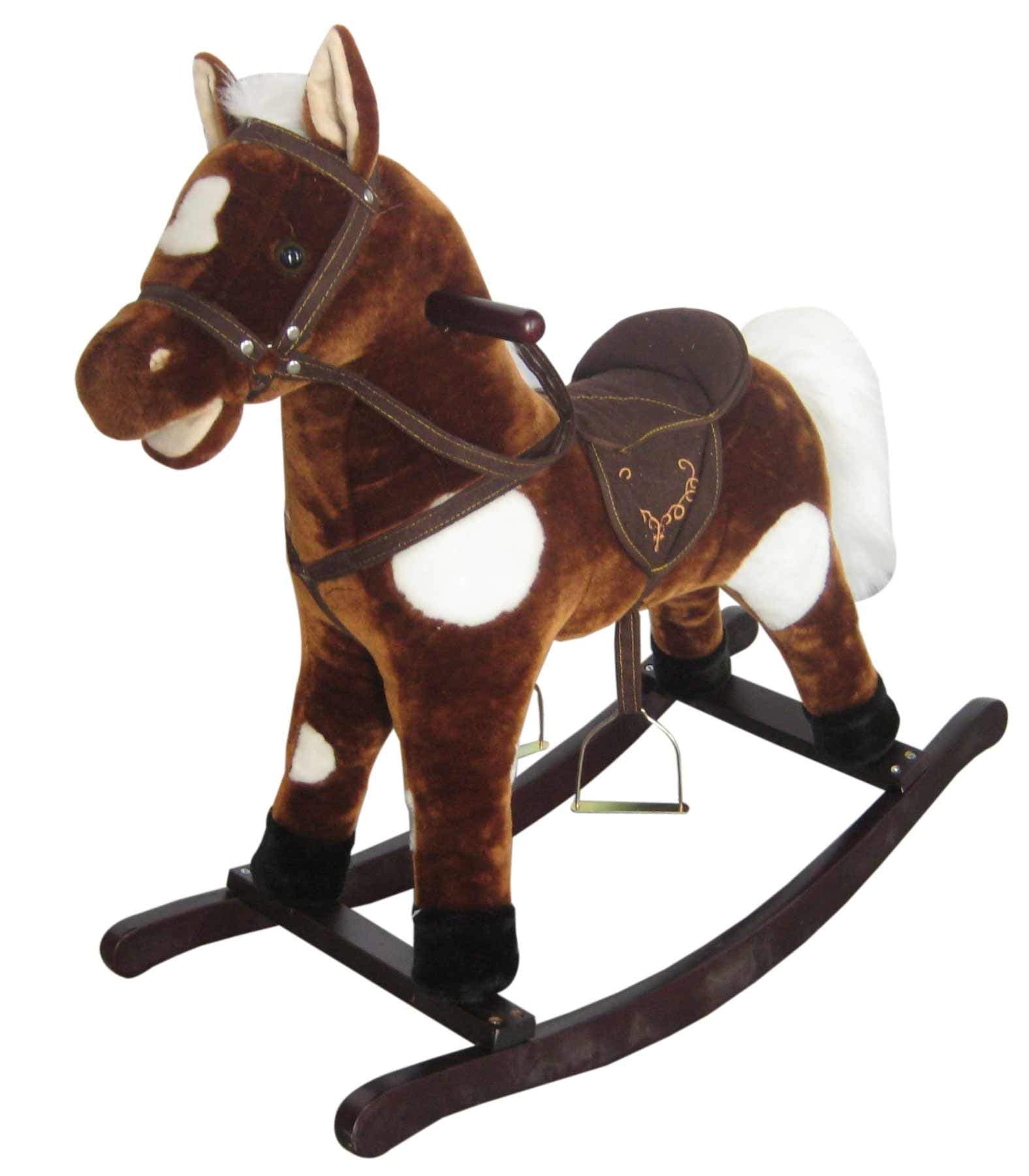 New Plush Rocking Horse - Brown + White Spots Deluxe Mane Saddle Bridle Sounds **WJ-T002**