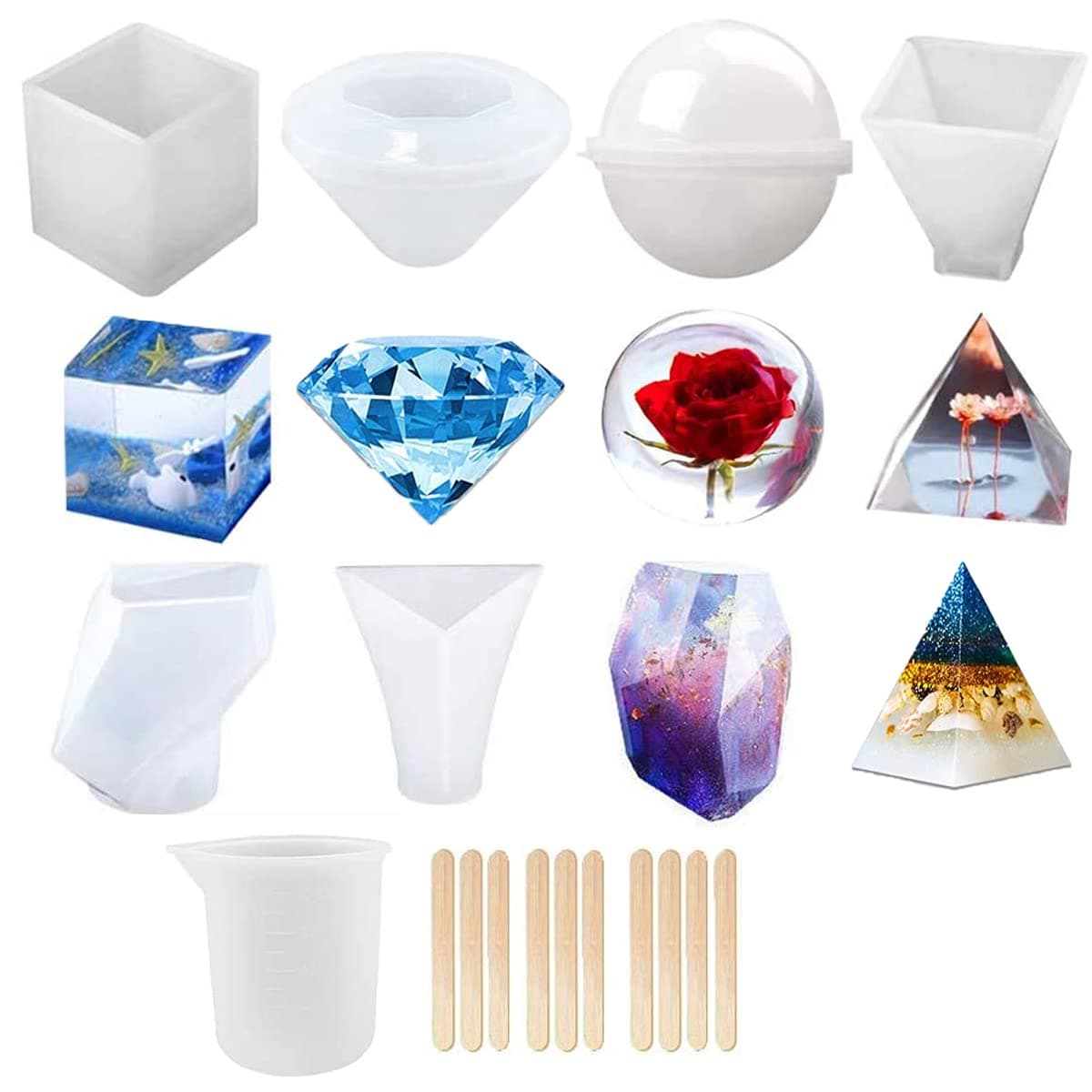 Resin Casting Molds,Silicone Epoxy Resin Mold for DIY Jewelry/Candle/Soap Making and Crafting, with Silicone Measurement Cup& Wood Sticks