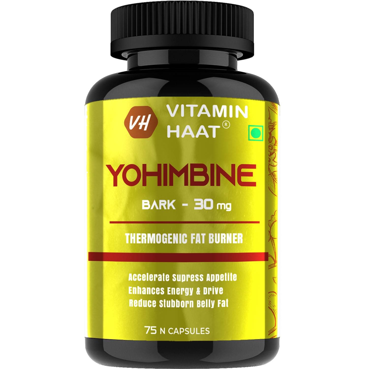 Yohimbine Bark Extract 30mg | Extra Strength Belly Fat Burner | Pre workout Supplement for Men and Women | Weight Loss Products | 75 veg capsules by VitaminHaat
