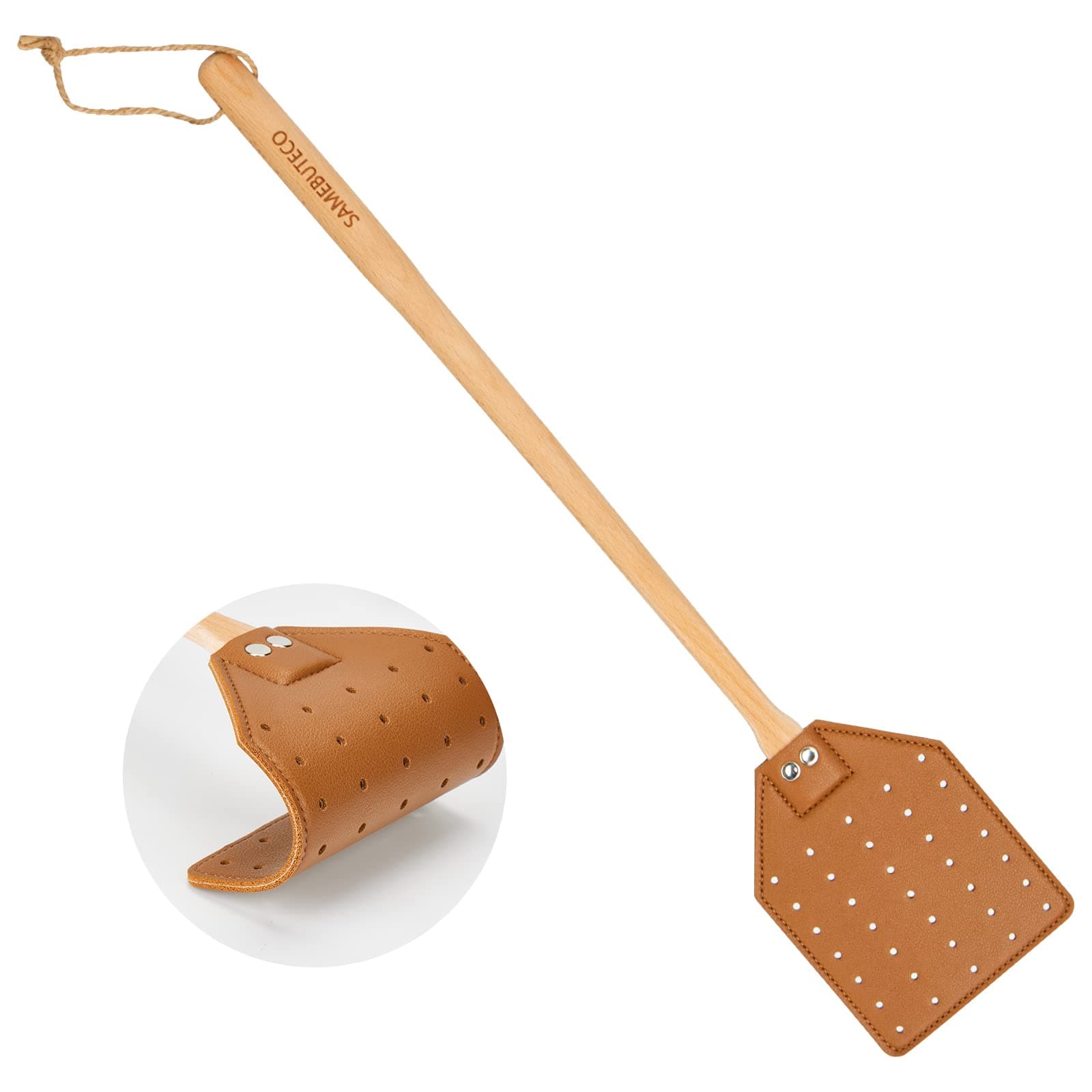 Heavy Duty Leather Fly Swatter Brown Leather with Beech Wood Long Handle for Indoor and Outdoor 19.7’’