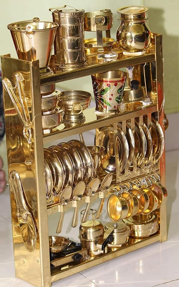Handcrafted Brass Miniature Kitchen Set/Bhatukali/Toy Set/Home Decor/choppu Jaman/Real Cooking Kit for Play with Brass Stand (Basic)