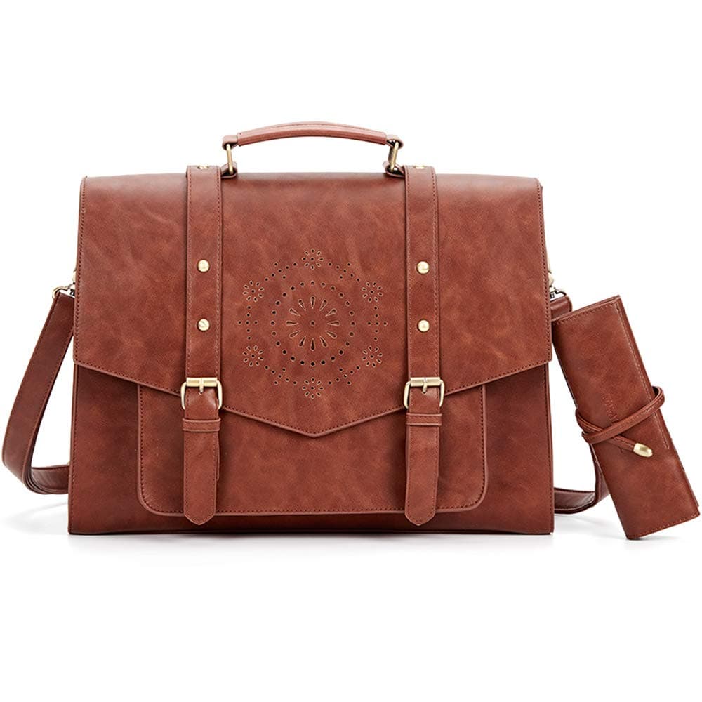 Women Briefcase PU Leather Crossbody Messenger Computer Bag with Bow fits 15.6 inch Laptops, Brown