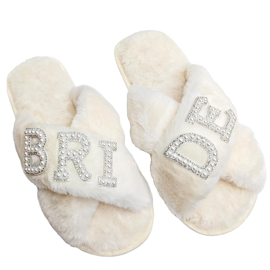VOPHIA Bride Fuzzy Slippers - Cross Band Soft Wedding Slippers for Bridal Shower