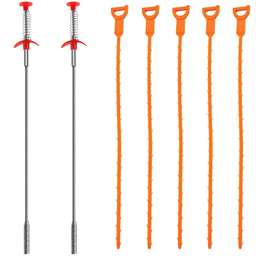 Senhai 7 Pack Drain Snake, 20 Inch Hair Drain Clog Remover Drain Relief Auger Cleaning Tool (2 Stainless Steel And 5 Plastic)