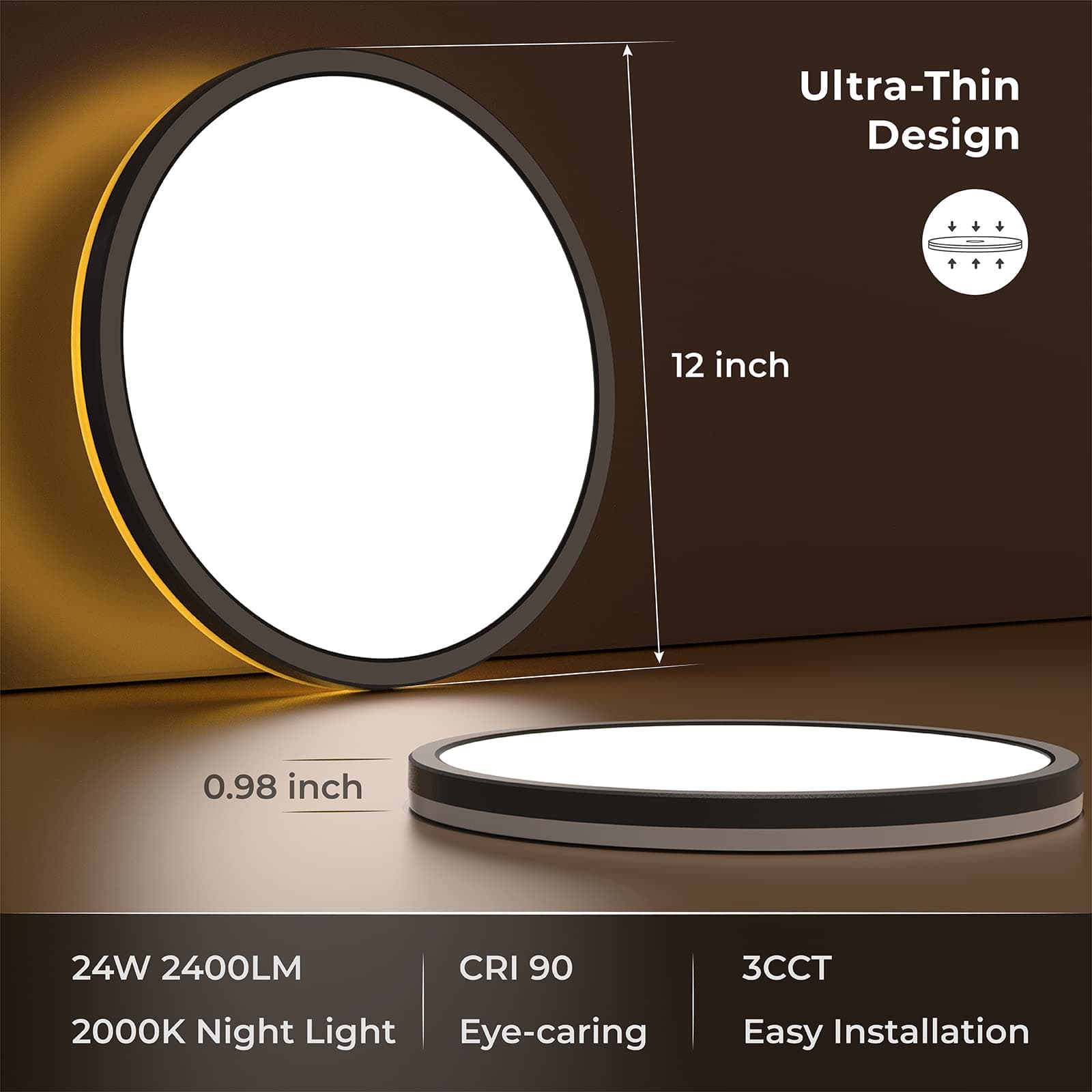 Matane 2Pack LED Flush Mount Ceiling Light Fixture with Night Light, 12inch 24W 2400LM 3000K/4000K/5000K Selectable, Dimmable LED Ceiling Lights for Bedroom, Dining Room, Kitchen, Round Black