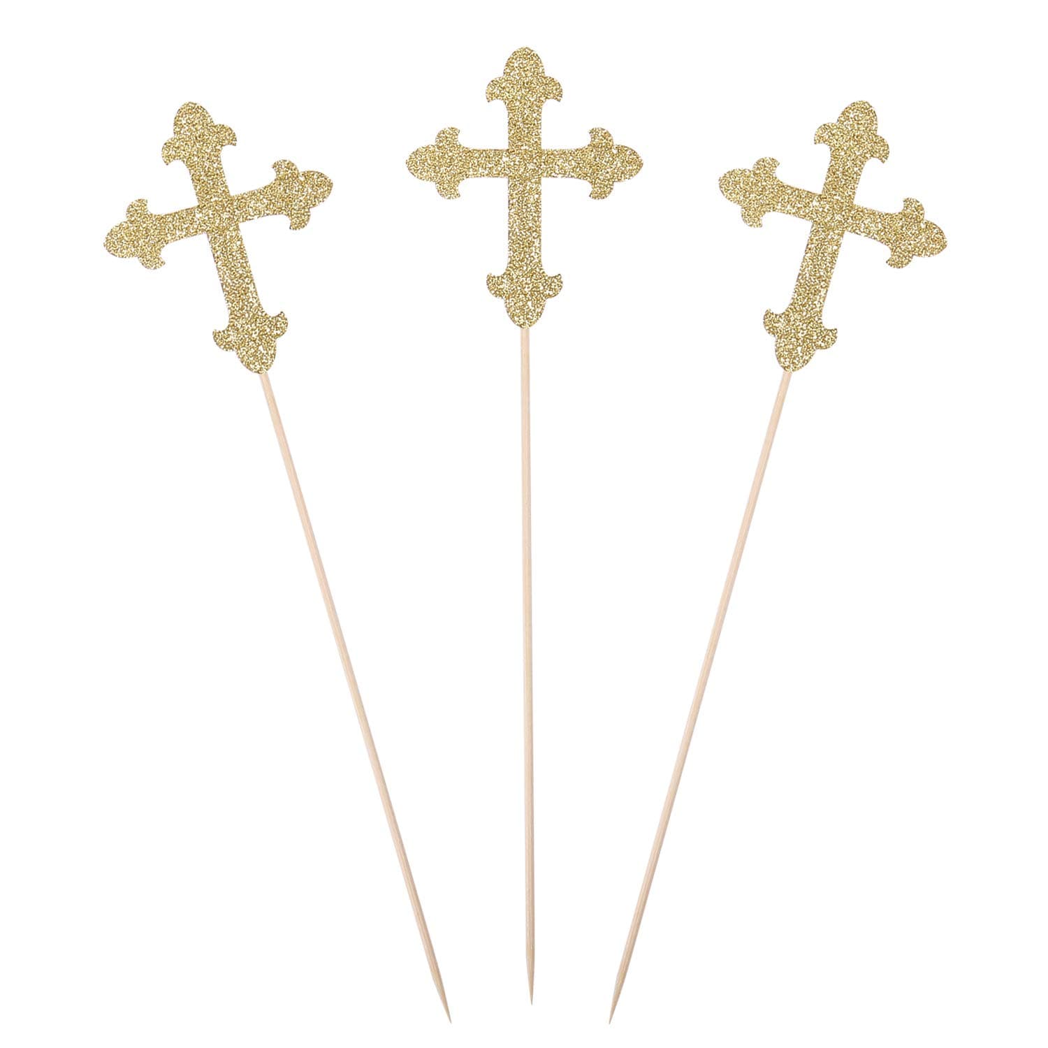Gold Glitter Cross Centerpiece Sticks for Baptism Christening Party Decorations - Set of 10