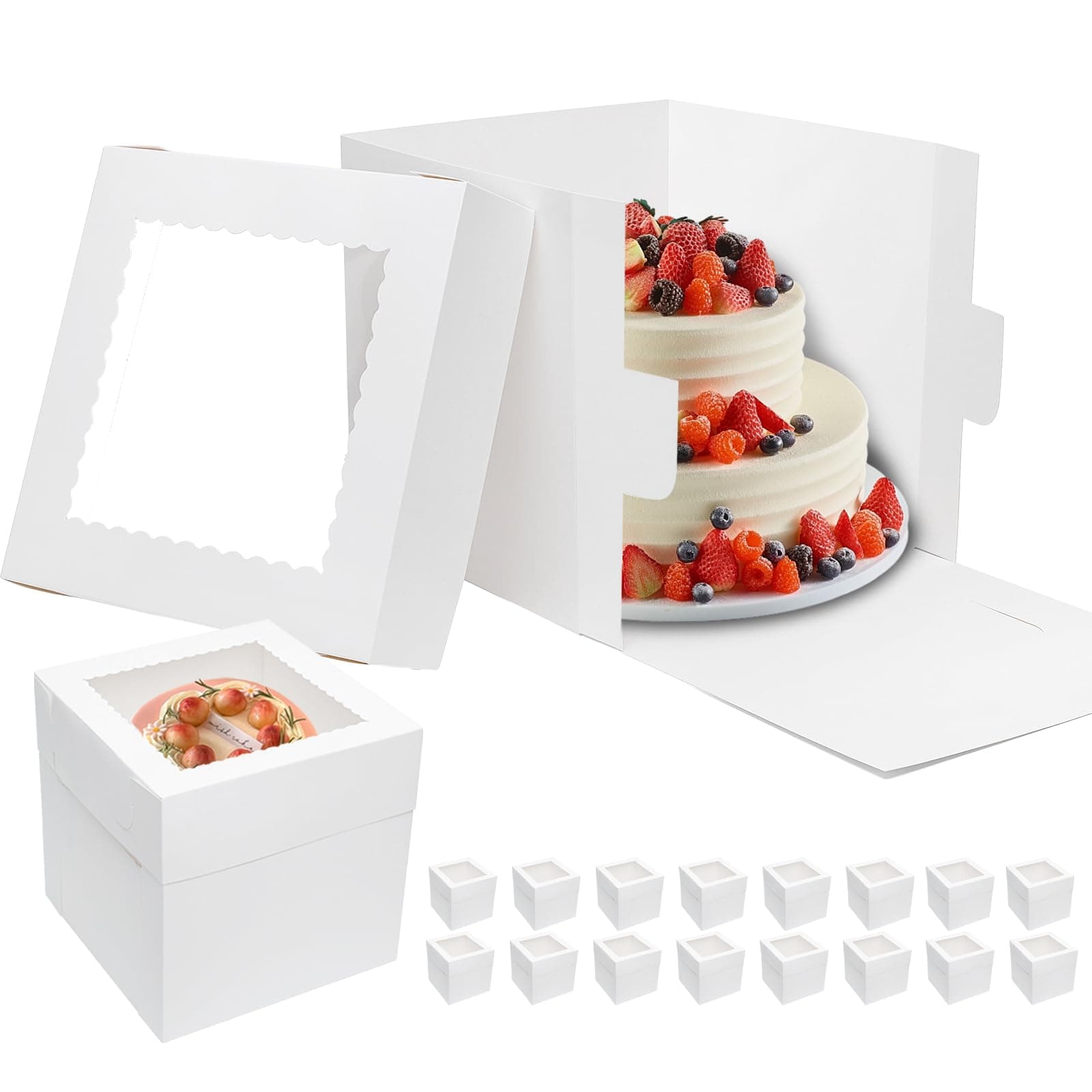 Mcfleet 16pcs Tall Cake Boxes 12x12x12 Bakery Boxes for Tier Cakes with Window 12 Inch White Large Cardboard Bakery Take Out Carrier Containers with Lids for Wedding, Birthday, Party