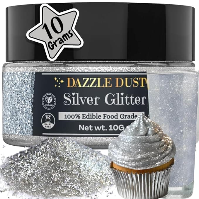 Edible Glitter Sprinkles for Cake Decorating, Drinks, Cookie, Icing, Dessert Decorations, Sparkly Luster, Food-Grade, Vegan, Gluten Free, Kosher, Bulk 10g, Silver