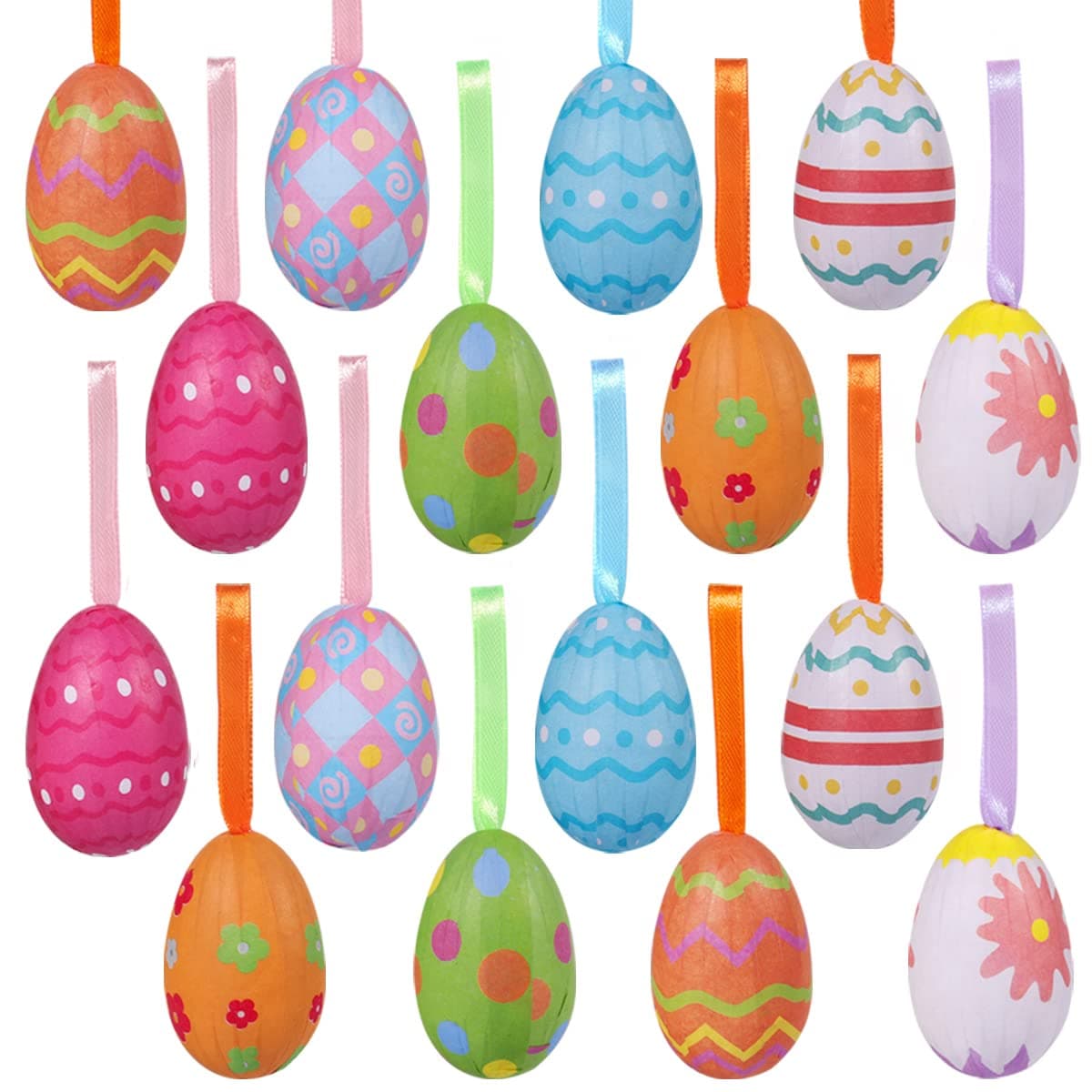 GameXcel16PCS Easter Hanging Eggs Decoration Easter Hanging Ornaments for Tree, Colorful Paper Mache Eggs Crafts Handmade Foam Egg for Easter Party Favors Supplies Home Decor