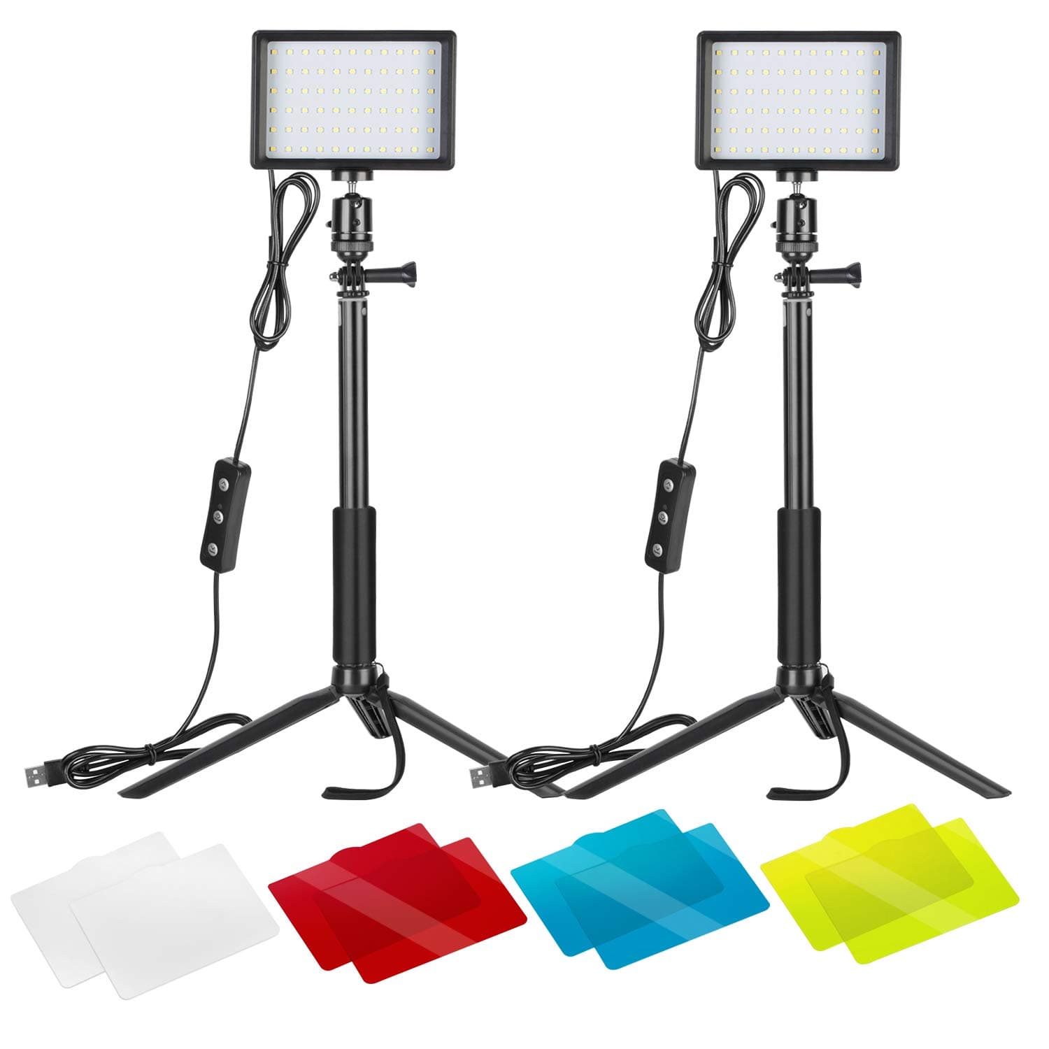 Dimmable 5600K USB LED Video Light with Pro Adjustable Tripod Stand and Color Filters, 2-Pack for Tabletop/Low-Angle Shooting, Zoom/Video Conference Lighting/Gaming/YouTube Video/Photography