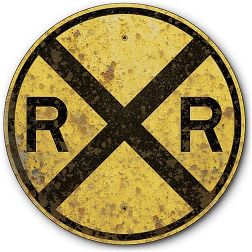 American Yesteryear Railroad Train Crossing Tin Metal Warning Sign, Reproduction of Rusted 1935 Vintage Sign :: 14 inches Diameter [AYY018]