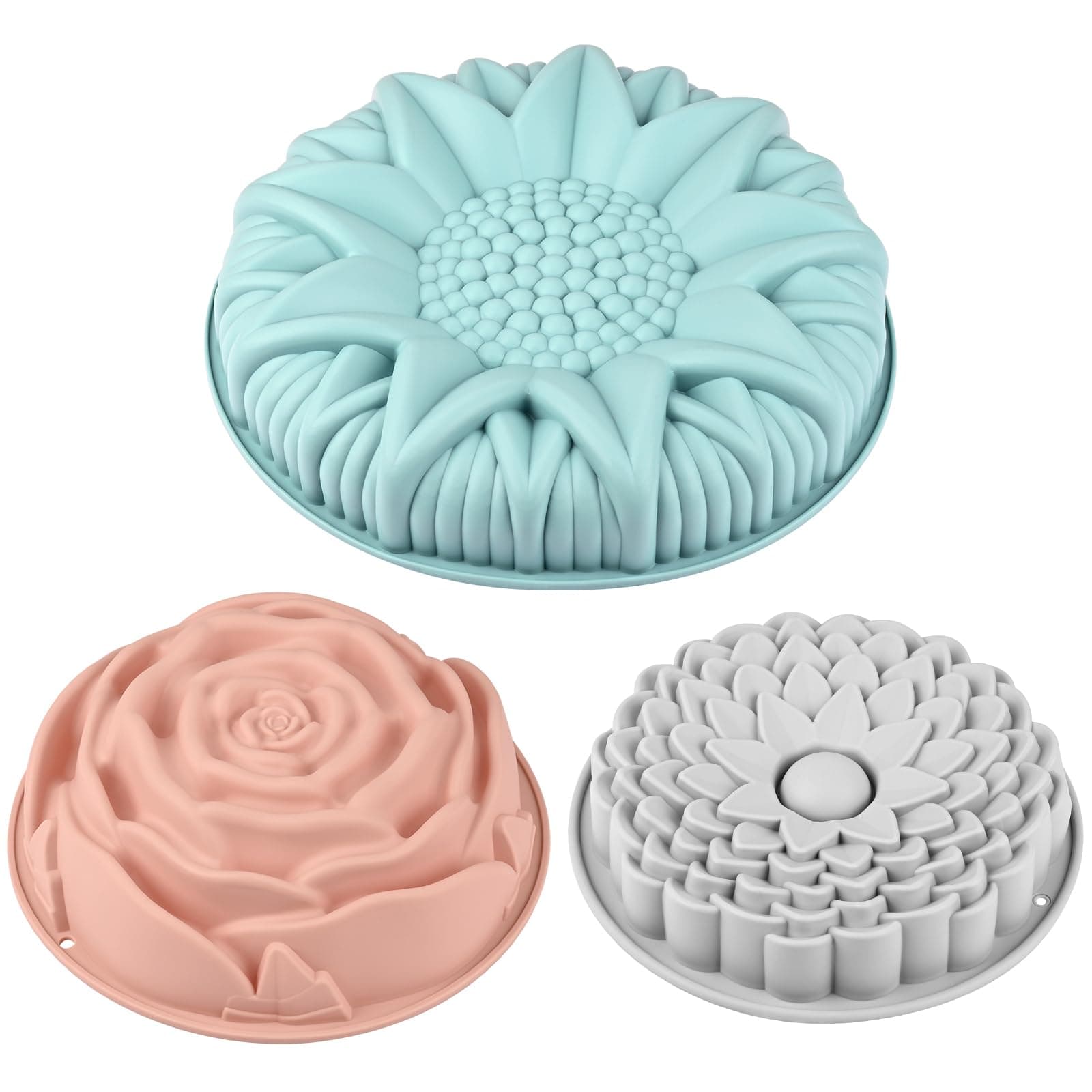 3 Pack Flower Shape Silicone Cake Molds, Large Round Silicone Molds for Baking Cake, Breads, Pies, Tarts, Jello (Rose, Chrysanthemum, Sunflower)