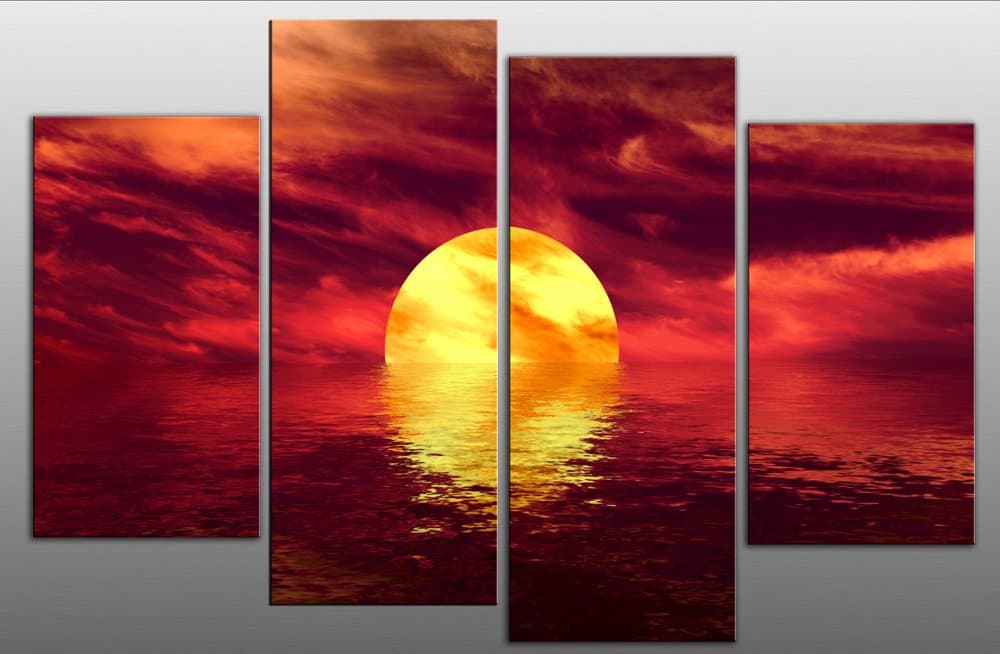 Large Abstract Seascape Sunset Canvas Art Picture 4 pieces multi panel split canvas completely ready to hang hanging cord attached, hanging template included for easy hanging, hand made printed to order UK company 40” width 28” height