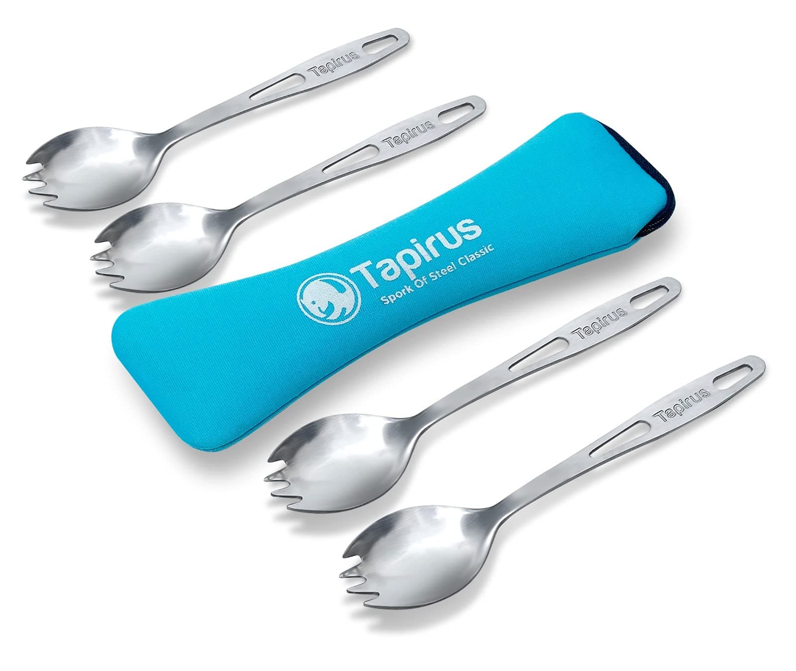 Tapirus Stainless Steel Classic Sporks Set of 4 - Save Space When Camping, Hiking or Backpacking - Heavy Duty Fire Proof Metal Tool - Long Handle, Reusable and Extra Light for Travel - with Case
