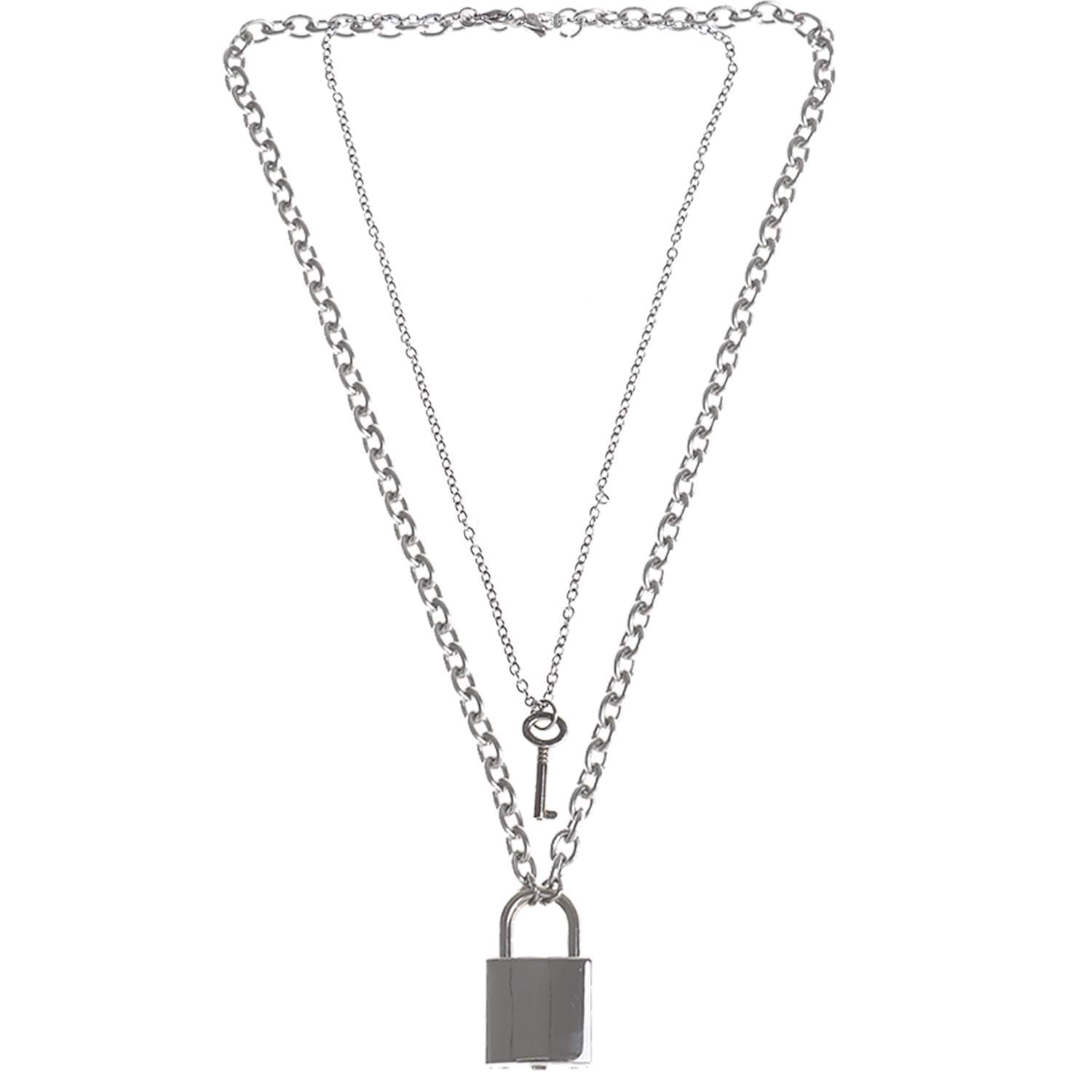 Olgaa Lock Key Pendant Necklace for Women and Men Long Chain Necklace Punk Multilayer Necklace Choker (Color 1)