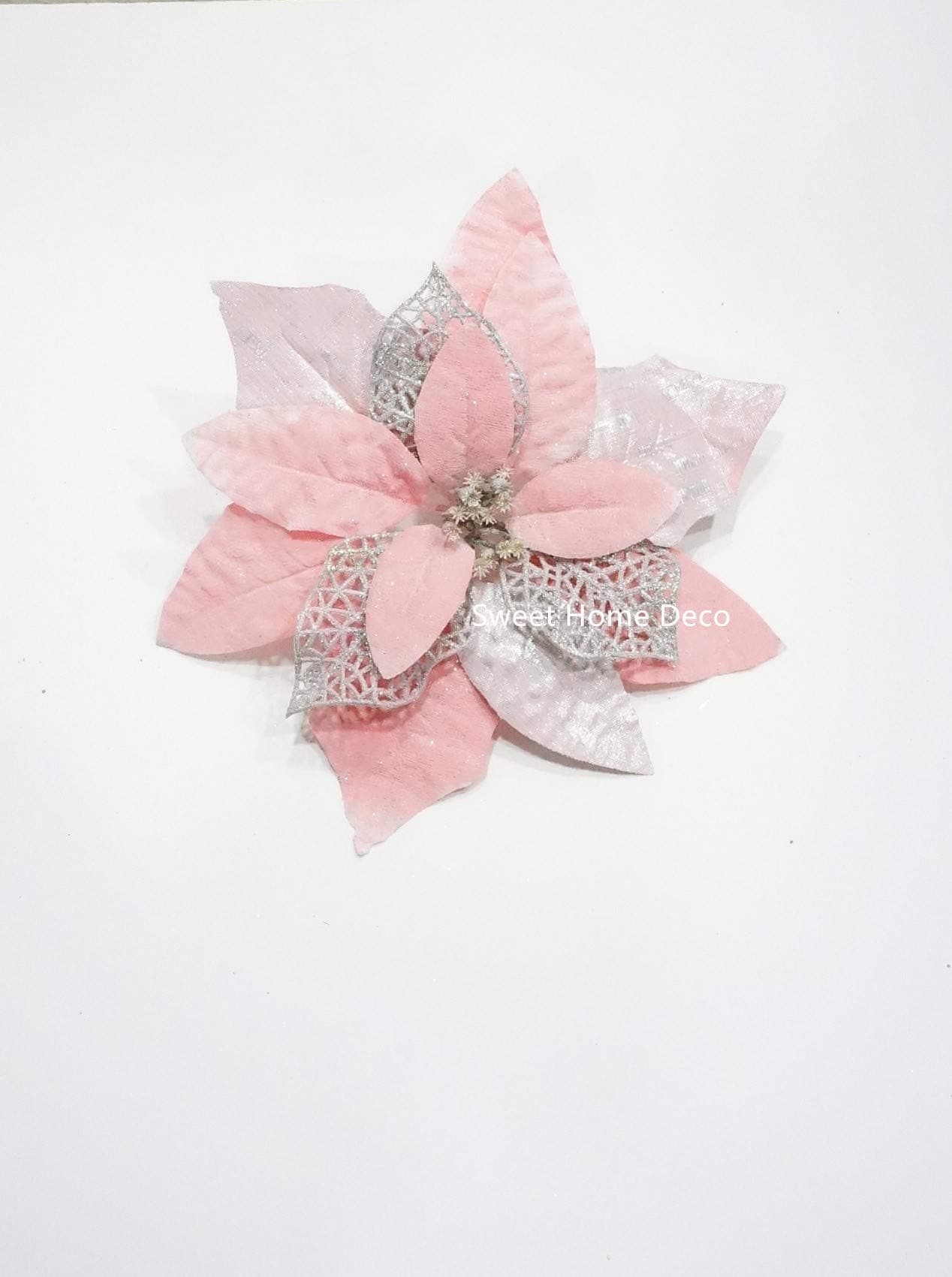 9''W Silk Shinning Sprakled Poinsettia Artificial Flower Heads (Set of 5) Christmas Decorations Colorfull Poinsettias (Blush Pink)