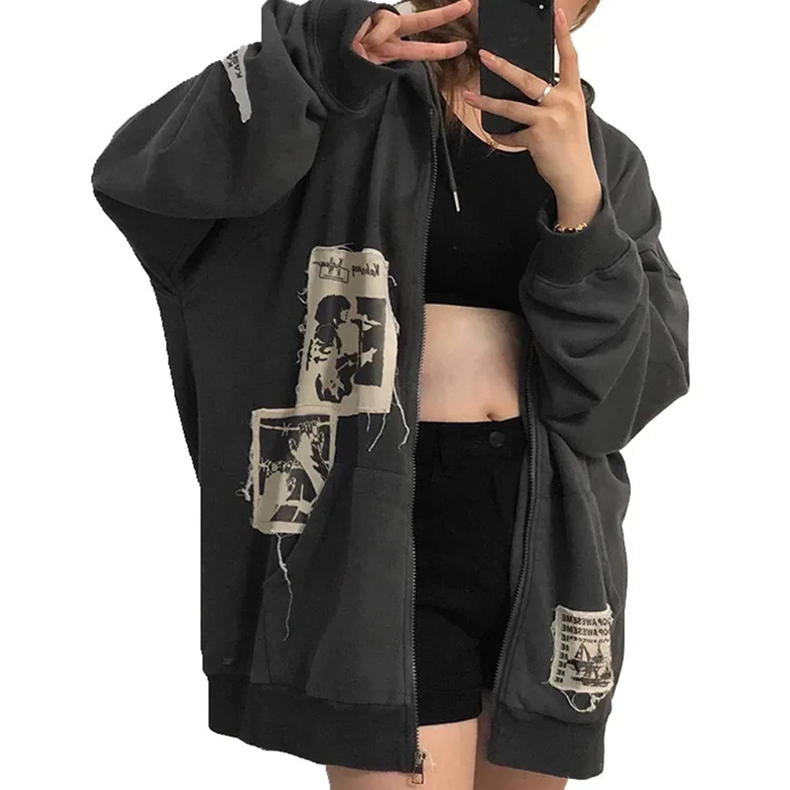 Alt Emo Clothes Women Oversized Zip Up Hoodies Rhinestone Y2k Aesthetic Skeleton Sweatshirts Grunge Gothic Jacket Streetwear