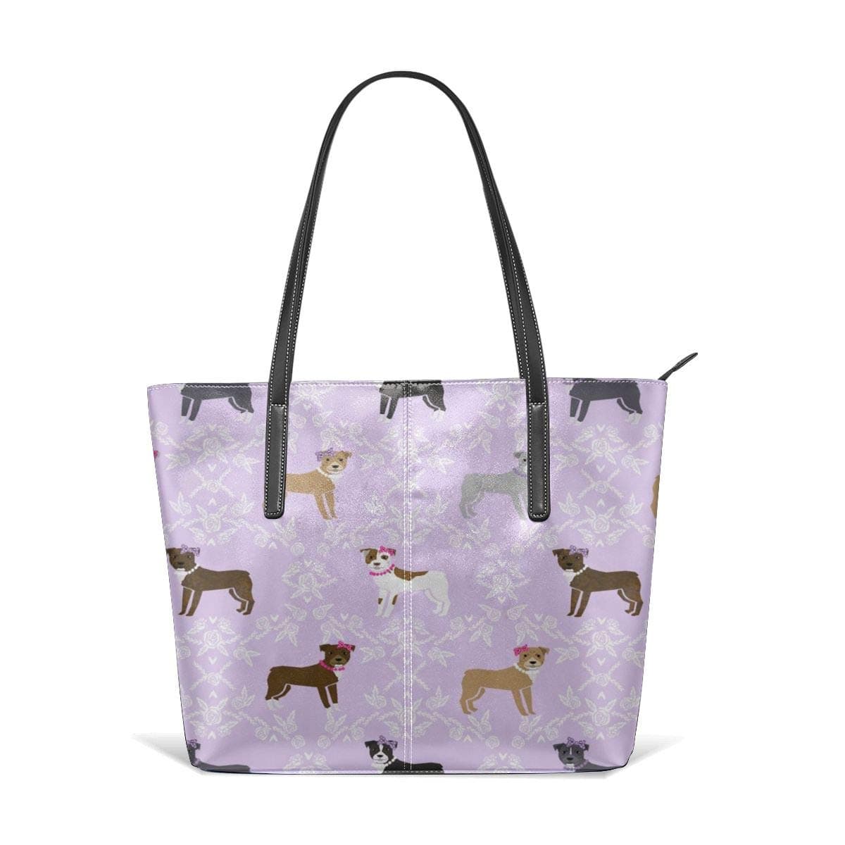 Women's Soft Leather Tote Shoulder Bag Pitbull Dog Bows Pearls Roses Florals Purple Fashion Handbags Satchel Purse