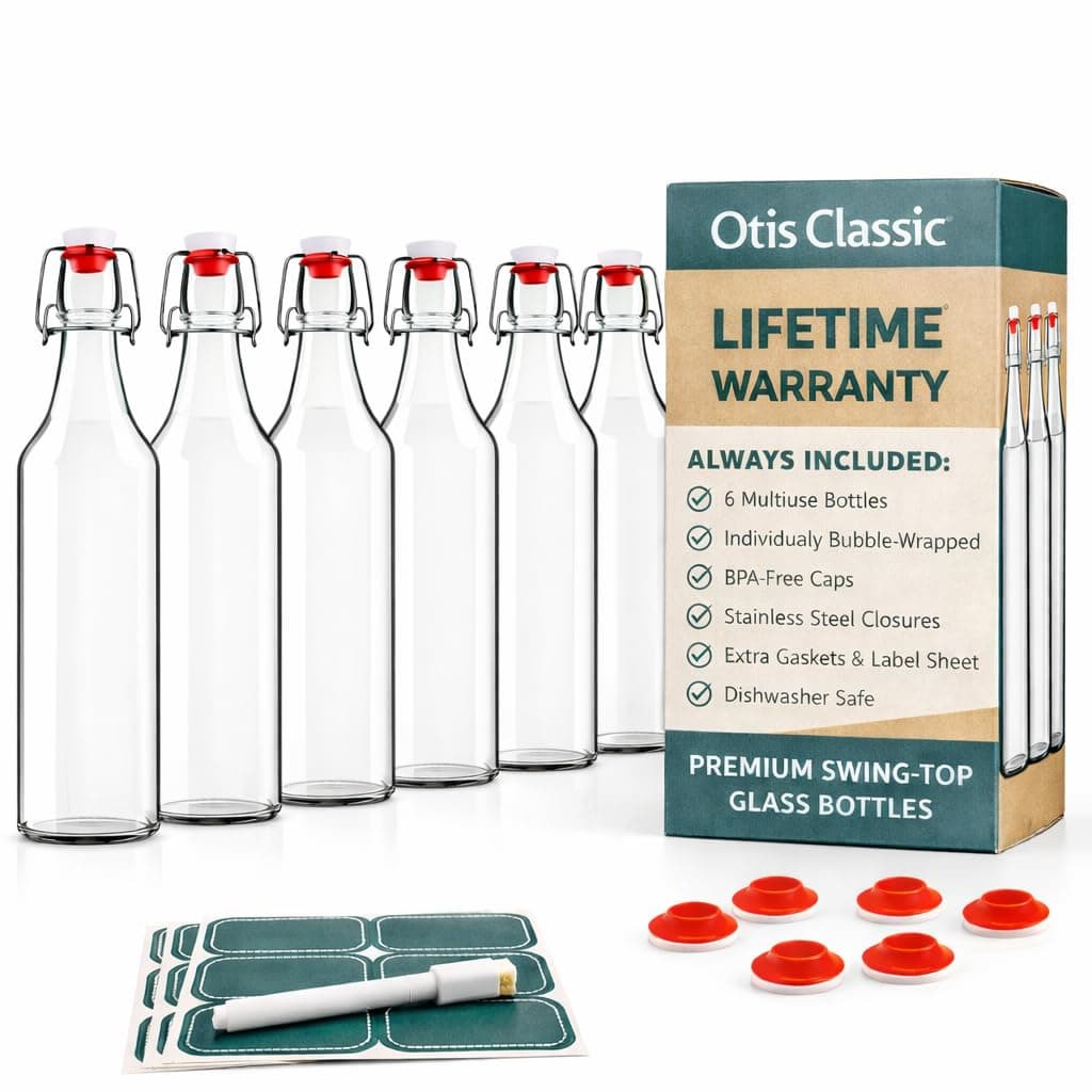 Otis Classic Swing Top Glass Bottles - Set of 6, 16oz w/Marker & Labels - Clear Bottle with Caps for Juice, Water, Kombucha, Wine, Beer Brewing, Kefir Milk or Eggnog