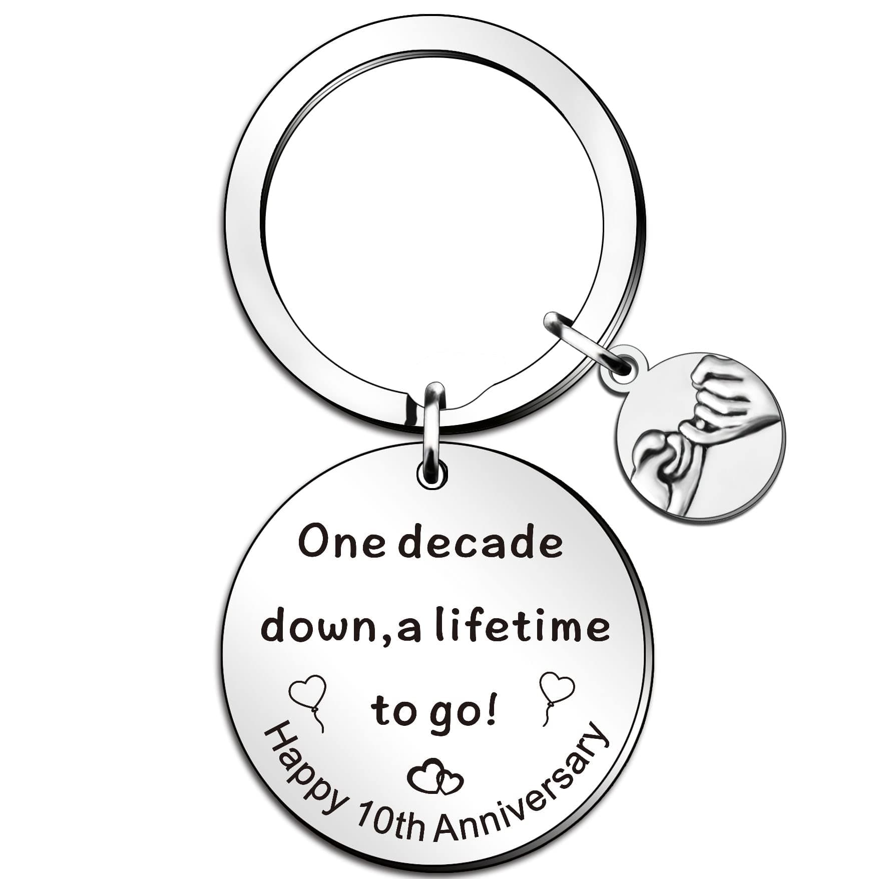 QMVMV 10th Anniversary Keyring Gifts for Him & Her - One Decade Down, A Lifetime to Go - Perfect 10 Year Anniversary Keyring for Couples & Valentines