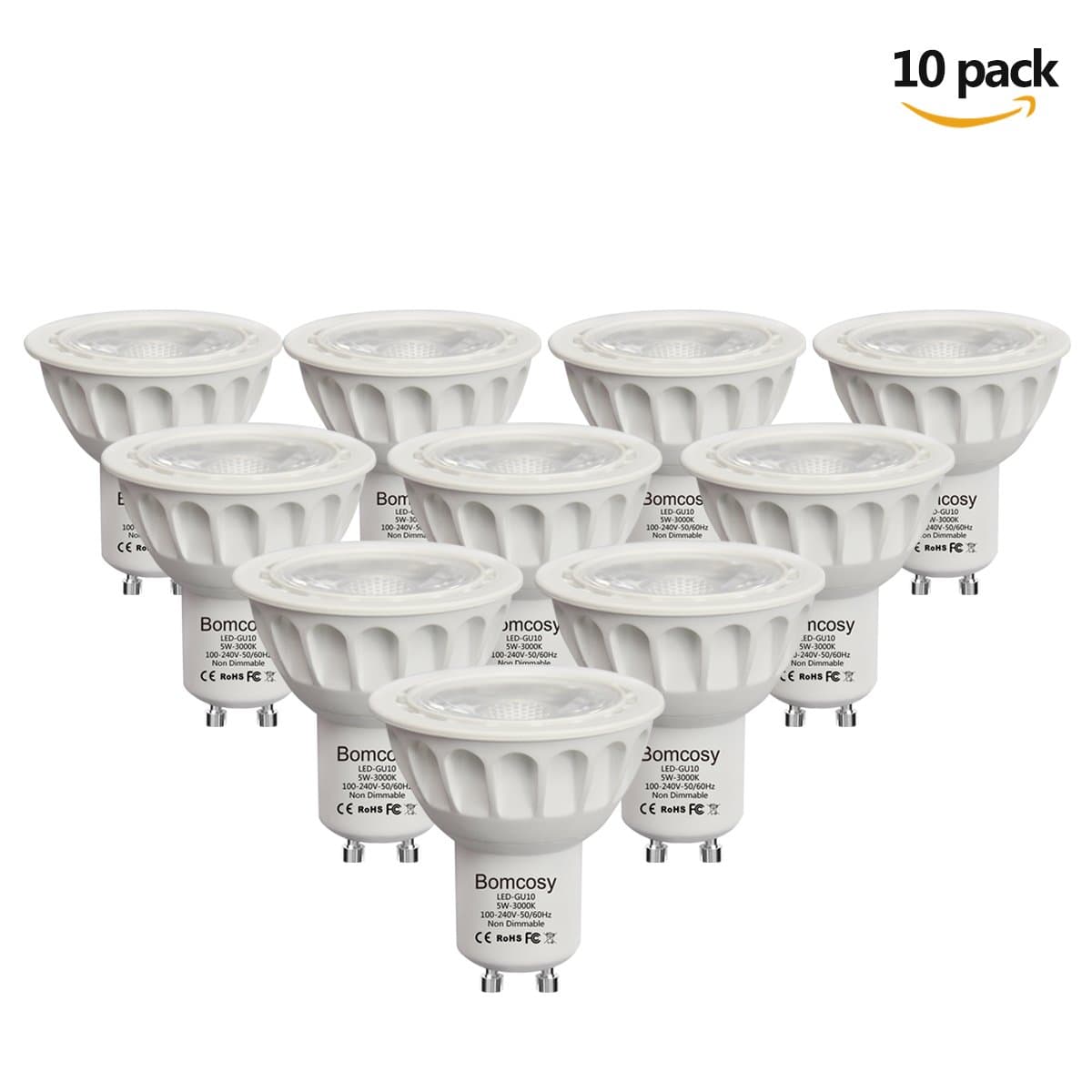 Bomcosy 10 Pack 5W GU10 LED Spotlight Bulbs, 3000K Warm White, Equivalent to 50W Halogen Bulbs, 100-240 V, 450 Lumens, CRI>80, 35 Degree Focus Beam Angle, Non Dimmable [Energy Class A+]
