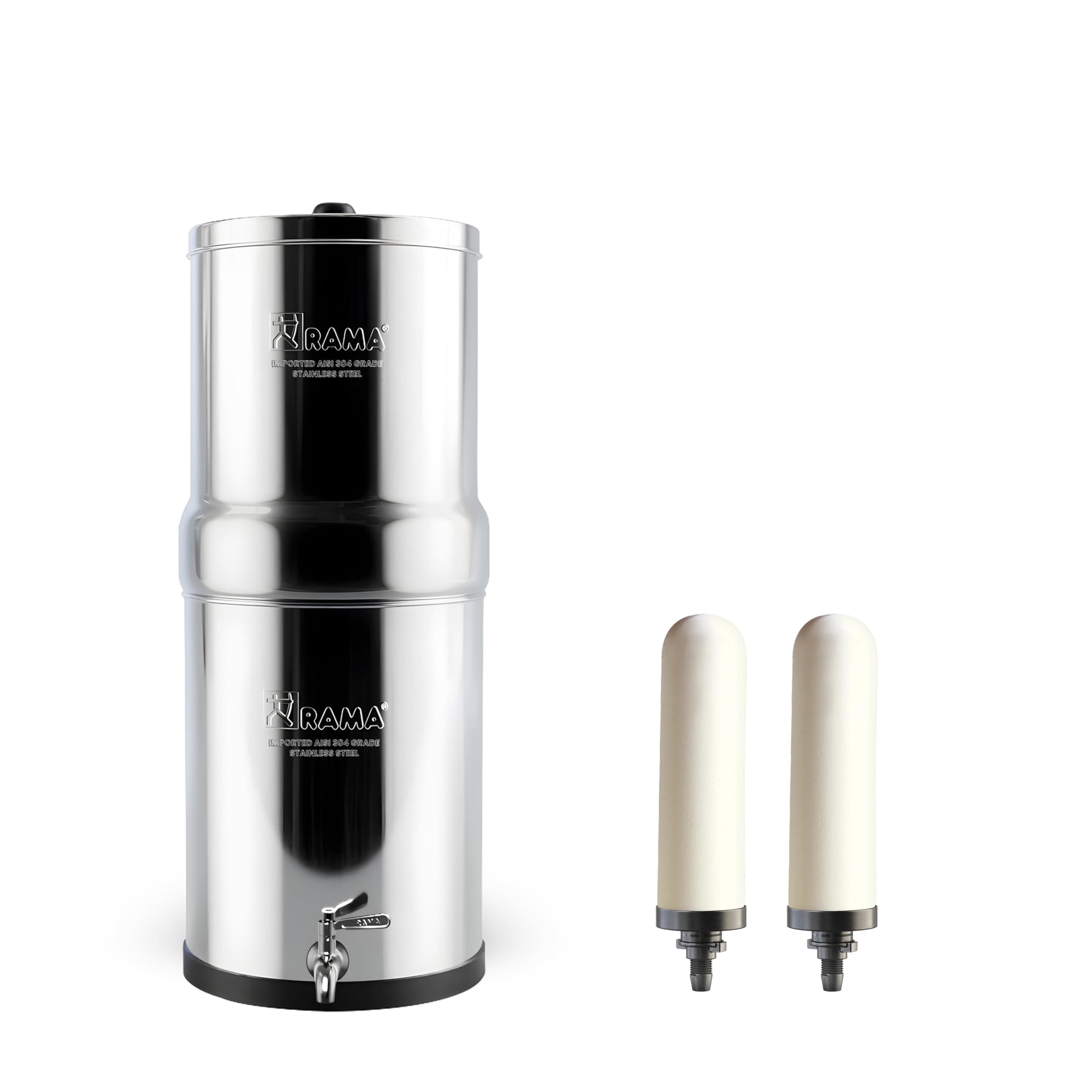 RAMA Gravity Water Filter | 12L Total Capacity (6L Storage) | 304 Stainless Steel Non-Electric Water Purifier Filter for Home | Includes 2 Spirit 7" Ceramic Candles & Steel Tap