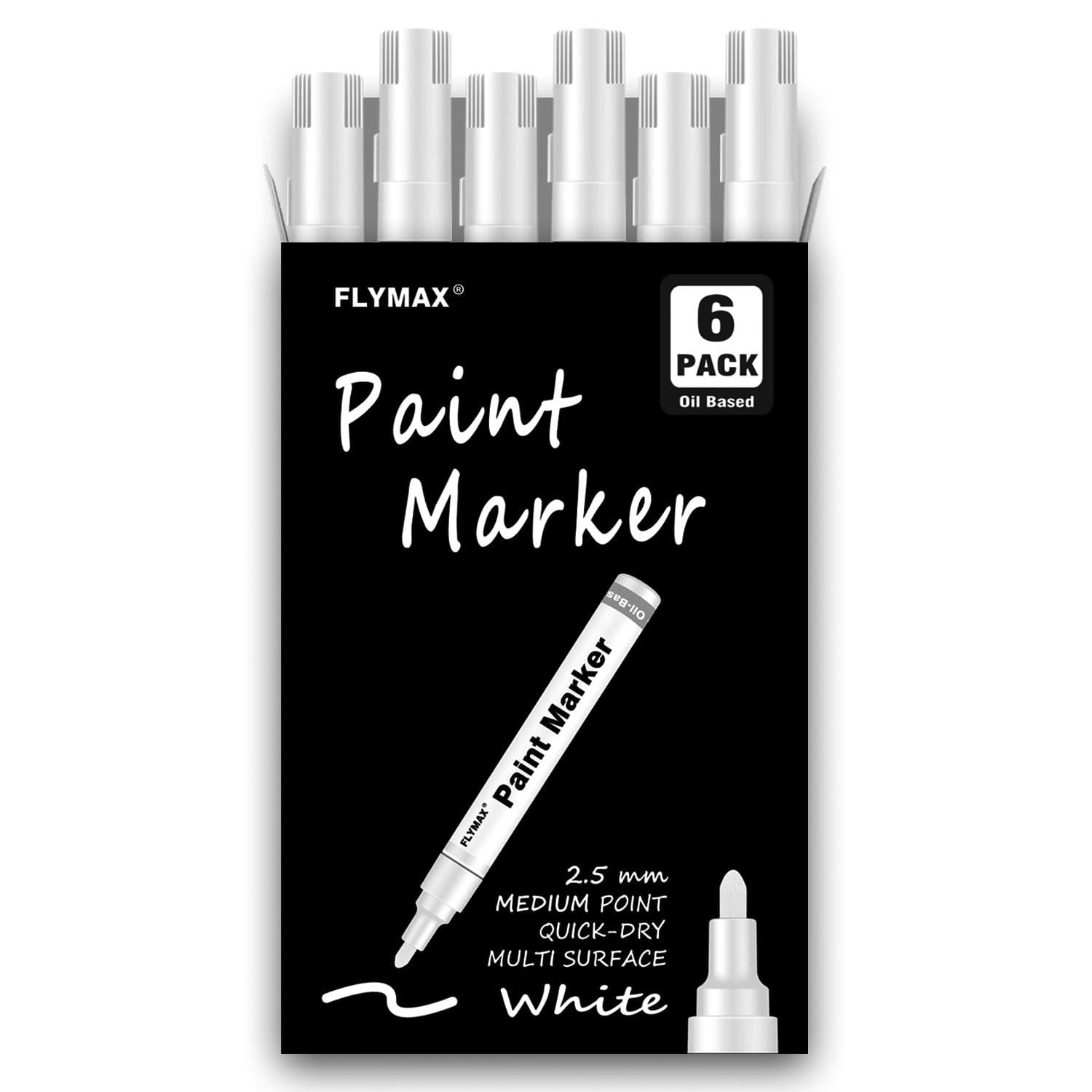 – FLYMAX White Marker Paint Pens 2.5mm- Permanent Marker Pens White Paint Oil-Based Medium Tip Waterproof Quick-Drying (6 in 1Pack)