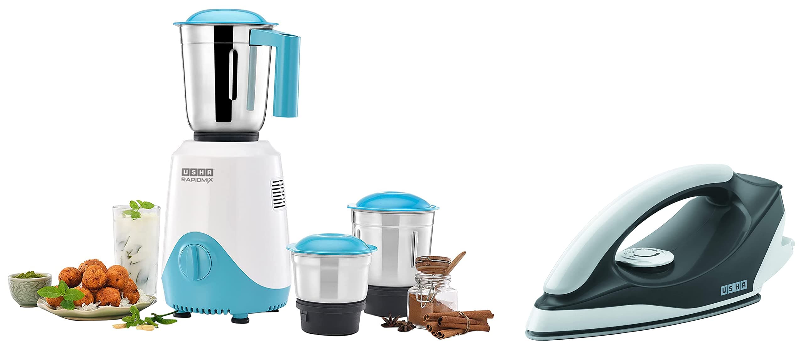 USHA RapidMix 500-Watt Copper Motor Mixer Grinder with 3 Jars (Sea Green/White) & Aurora 1000 W Dry Iron With Innovative Tail Light Indicator, Weilburger Soleplate (Black)