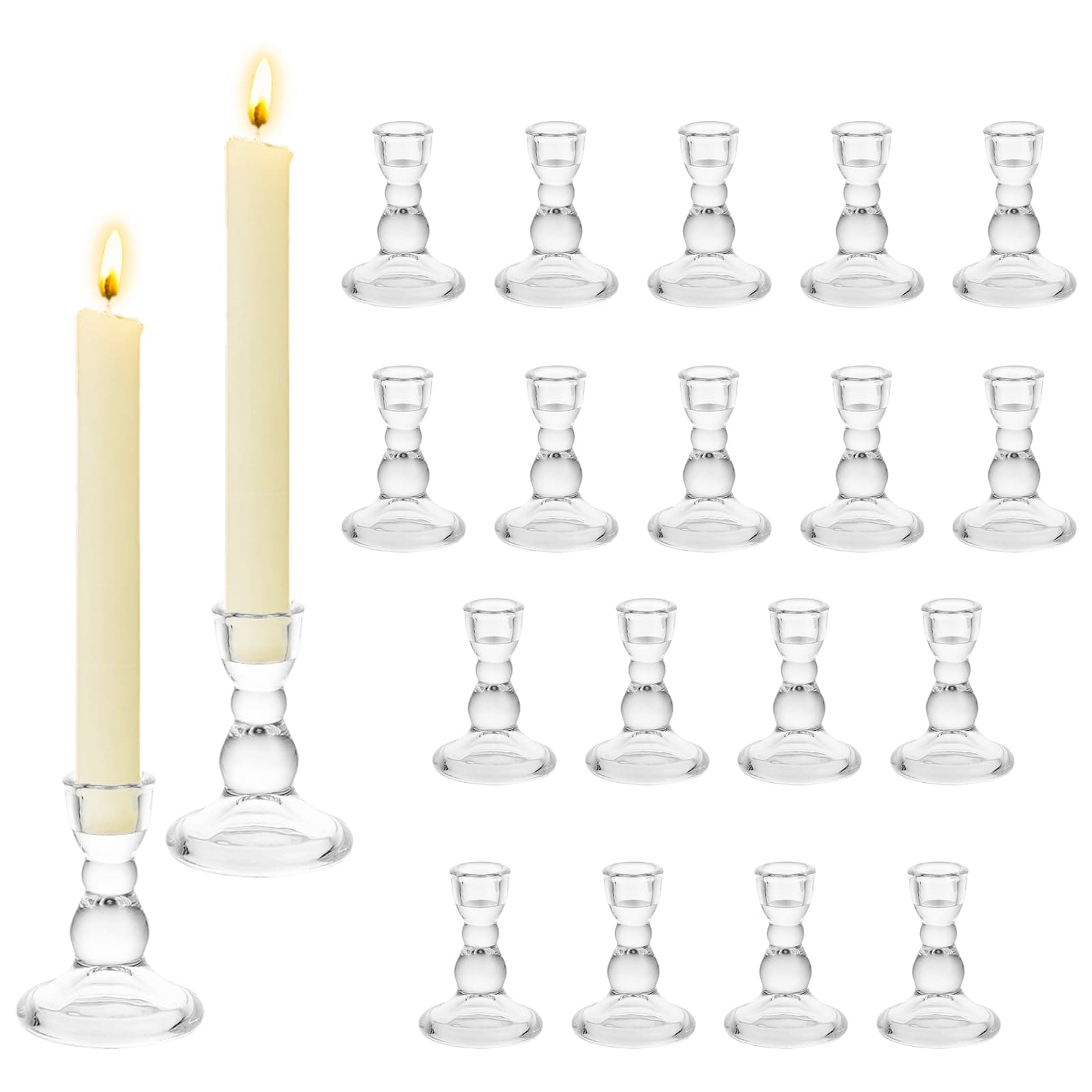 Hewory Glass Candle Holders for Candlestick: 20pcs Taper Candlestick Holders Bulk Clear Candle Sticks Holder for Wedding Centrepieces Party Christmas Table Décor