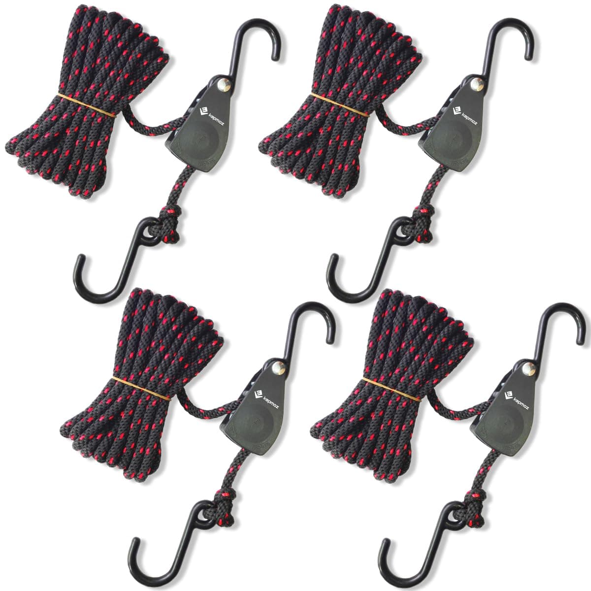Kapmoz Heavy Duty Rope Hanger with Hook, 1/4 inch, 12 ft Braided Polypro Rope, 150 lbs Capacity, Anti-Rust Vinyl Coating, 4-Pack