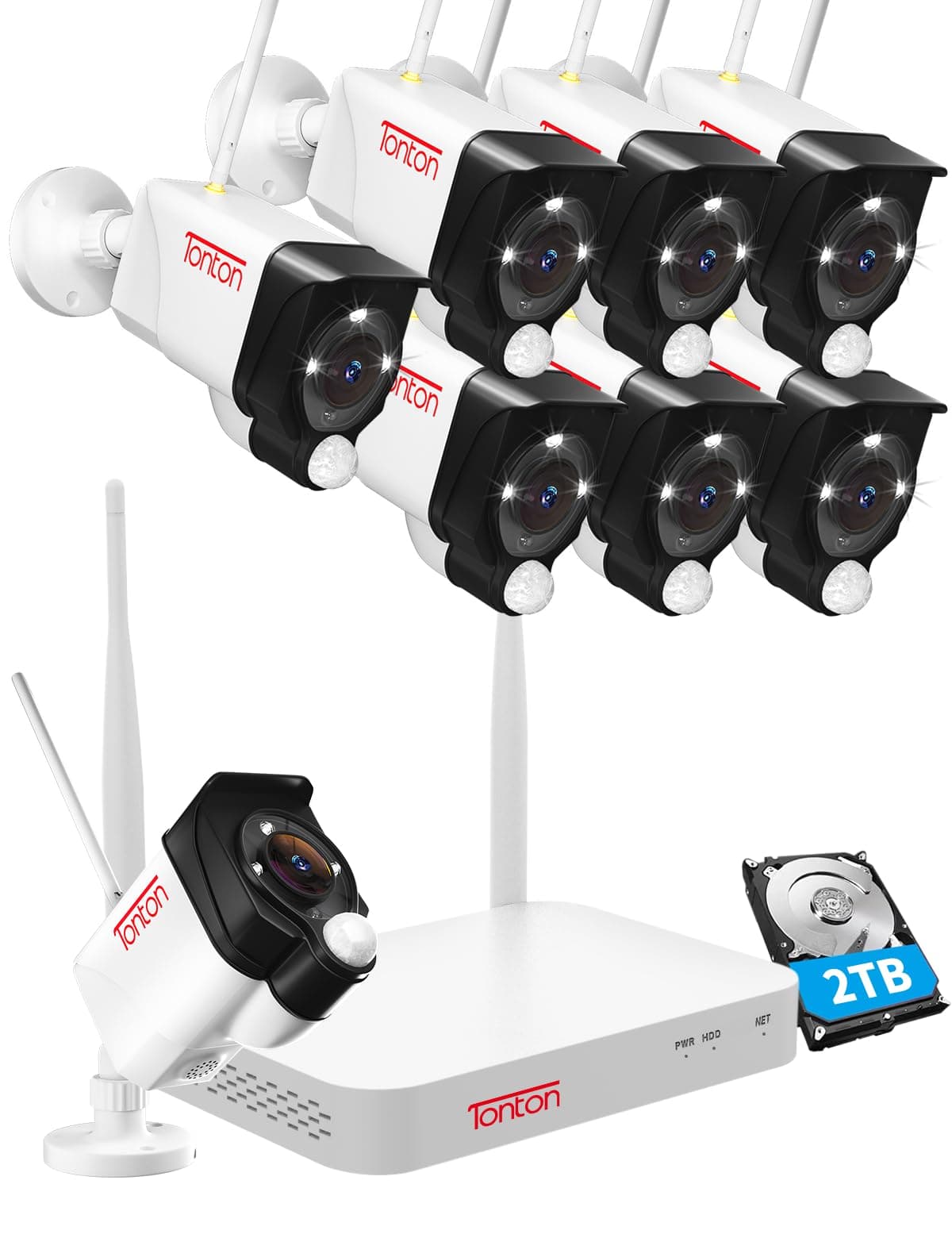 [Dual WiFi&2 Way Audio] Tonton Security Camera System Wireless,10CH 4K NVR with 2TB HDD,8PCS 3MP Outdoor Bullet Floodlight Cameras with PIR Sensor,AI Humanbody Detect,Color Night Vision,White(New)