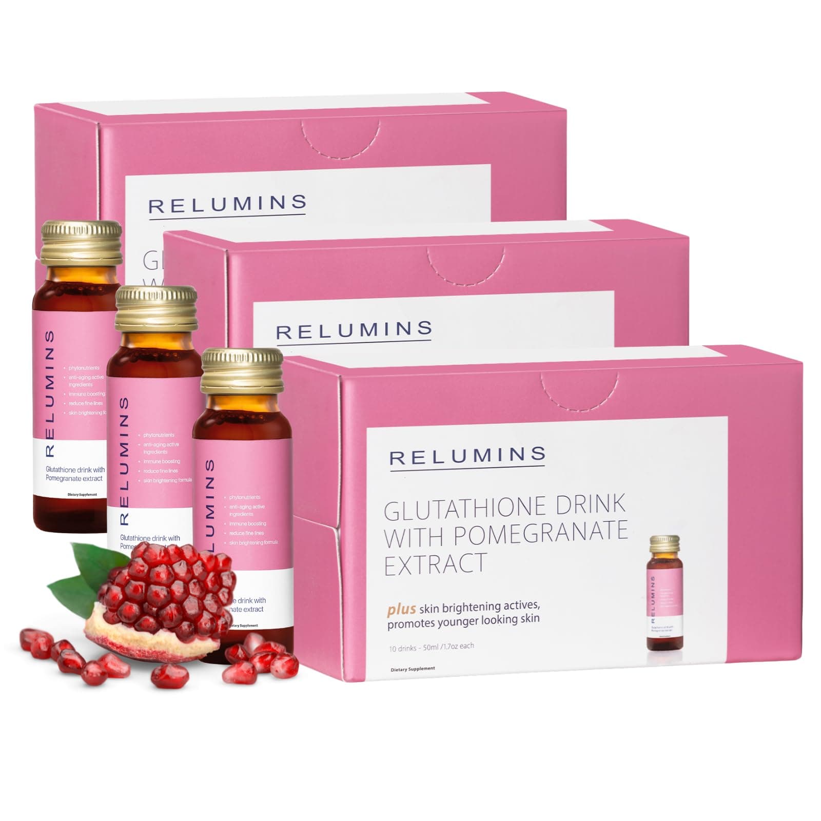 Relumins Glutathione Shots | Spring Glow Essentials | USA's No.1 Liquid Glutathione Drink with Collagen & Antioxidant Boost for Radiant Skin | Pomegranate Flavor | Made in USA | 30 Bottles x 50ml