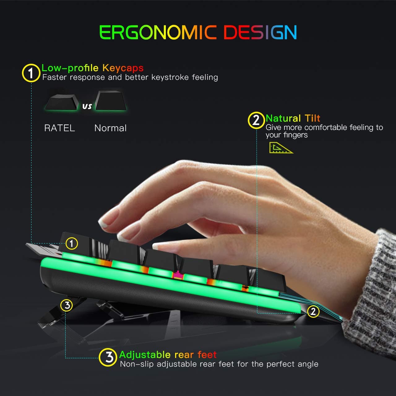 RATEL Gaming Keyboard, All-Metal Panel with Mechanical Feeling Colorful Rainbow LED Backlit USB Computer Wired Keyboard for PC/MAC/Desktop Pro Gamer (Black & Rainbow LED Backlit)