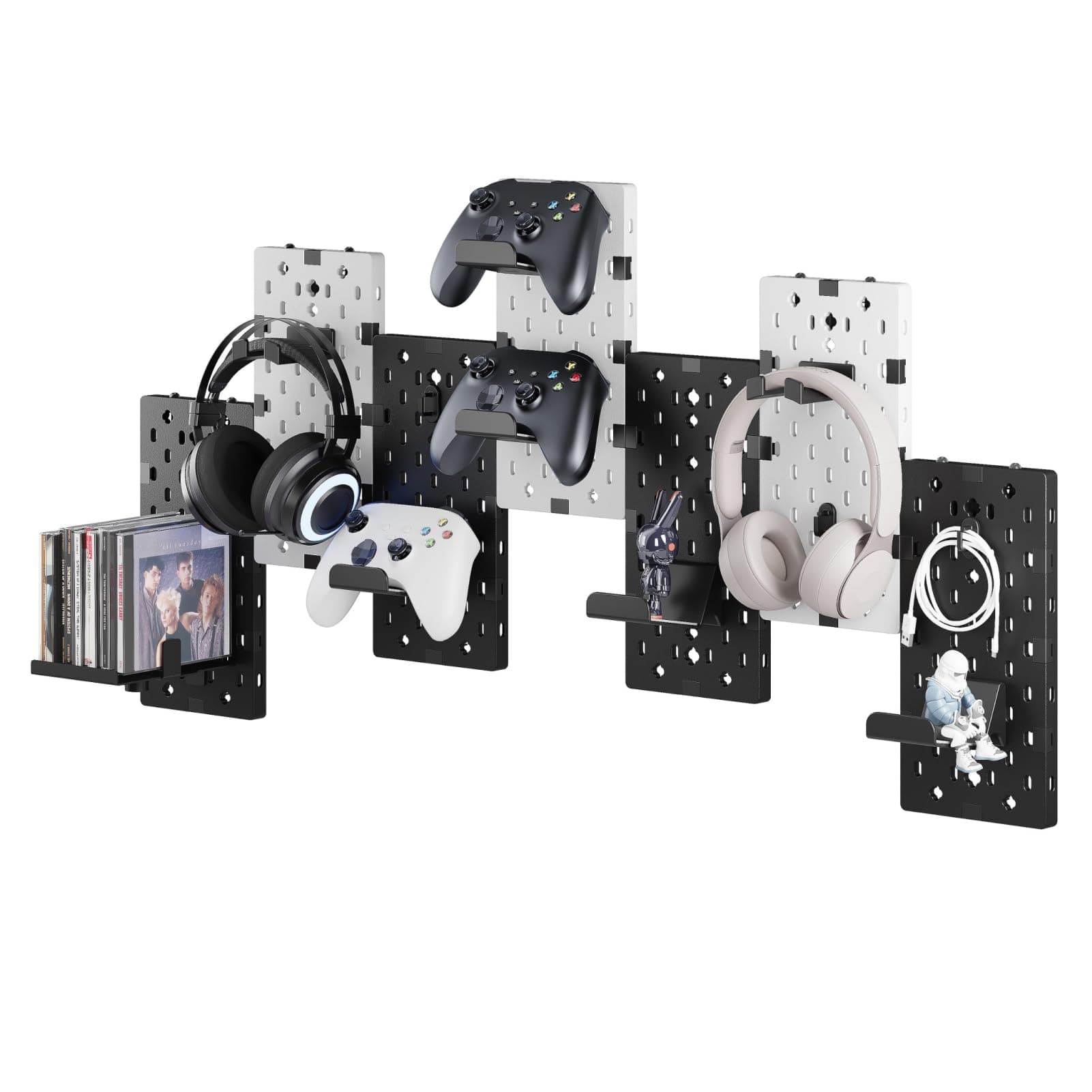 Controller and Headphone Holder Wall Mount, Modular Gaming Pegboard with Accessories, Controller Stand for Xbox PS5 PS4 Switch, Video Game Storage, Disc Shelf, 7pcs Pegboard, Black & White