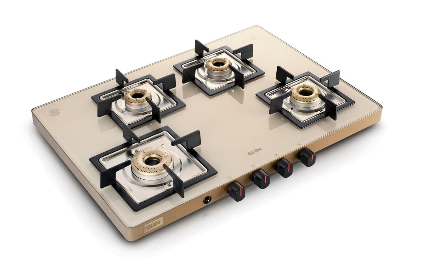 Glen 4 Burner Ultra Slim Glass Gas Stove 1 High flame Forged Brass Burner 70 cm | Revolving Inlet Nozzle | 2-Year Warranty On Product (Apricot-Auto Ignition)