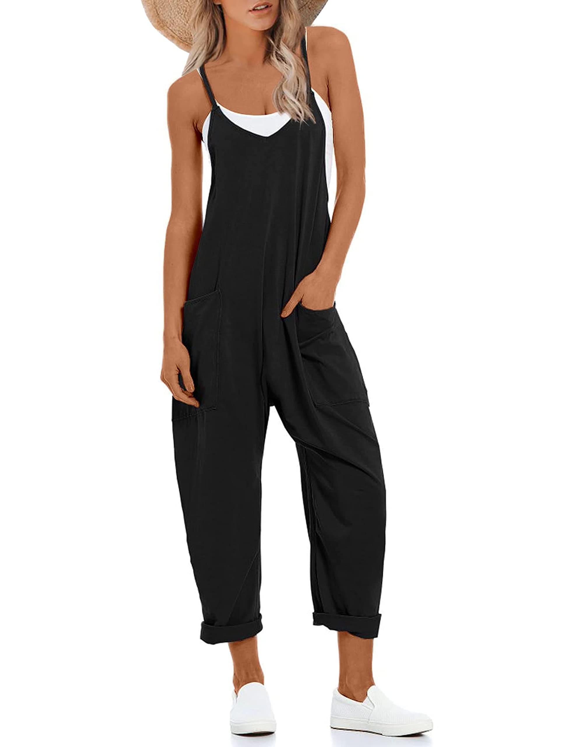 Women's Causal Jumpsuits V Neck Sleeveless Harem Overalls Stretchy Adjustable Strap Romper with Pockets
