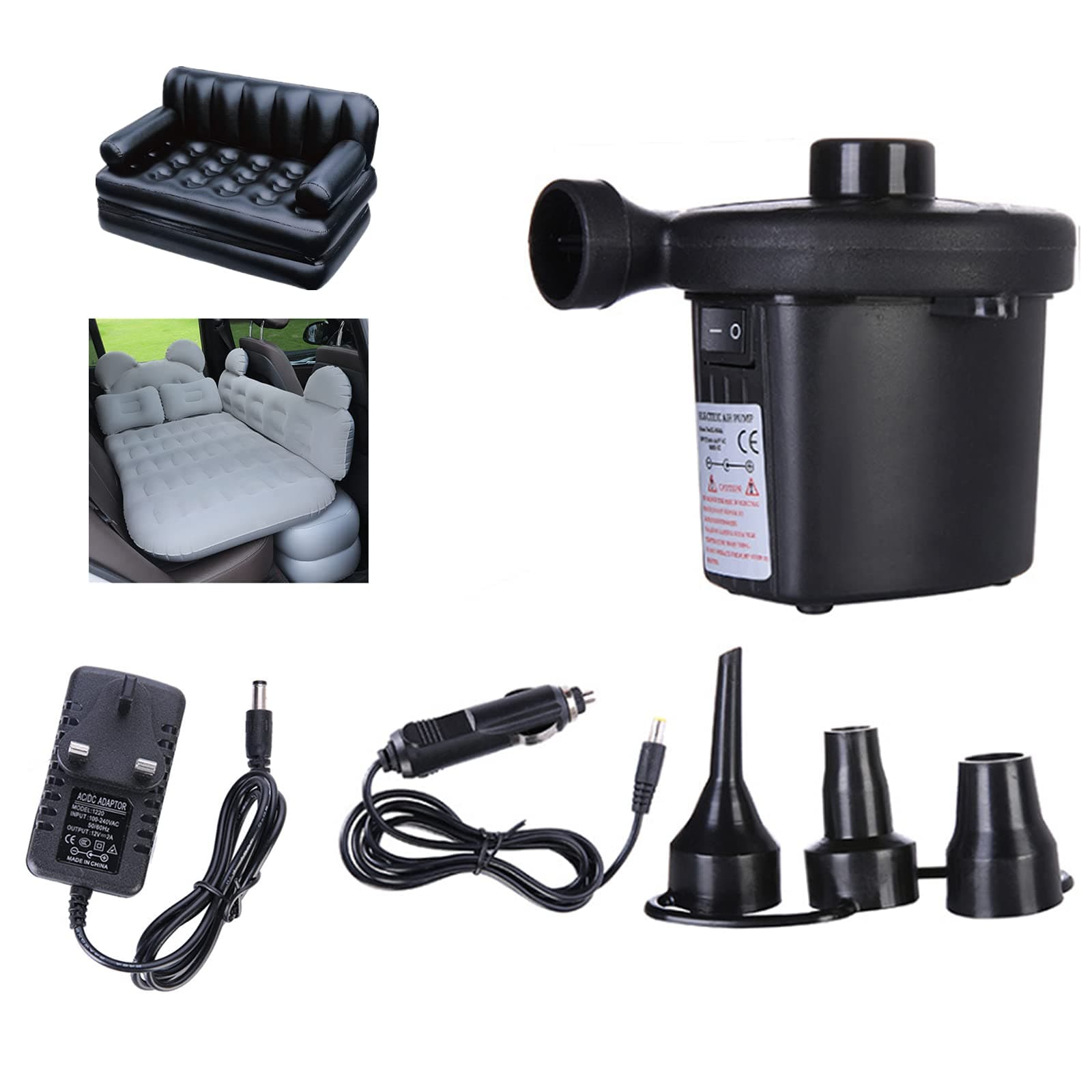 Portable Electric Air Pump with 3 Nozzles for Inflatables，Air Mattress Pump Perfect for Outdoor Camping Inflatable Boat Blow Up Pool Water Toy Car Air Bed