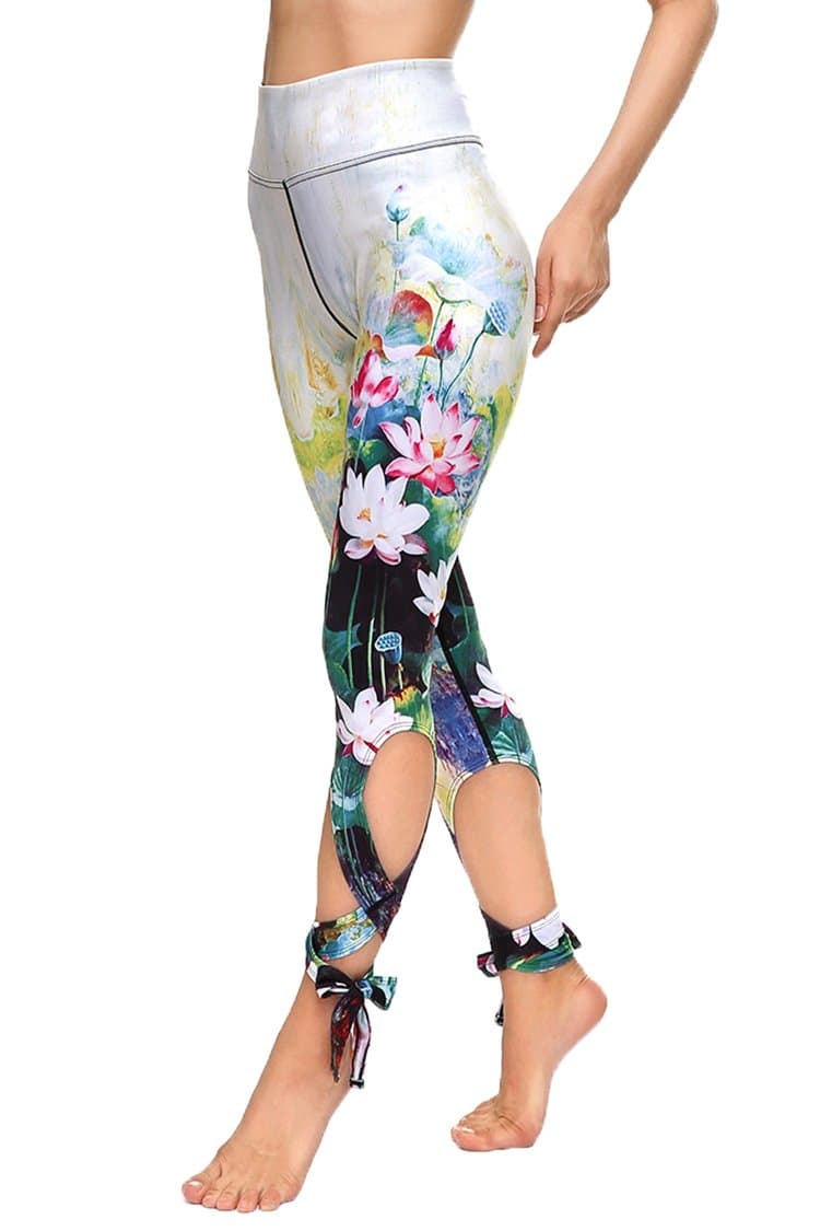 Ladies Lotus Print Active Yoga Run Pants Workout Leggings Grey L