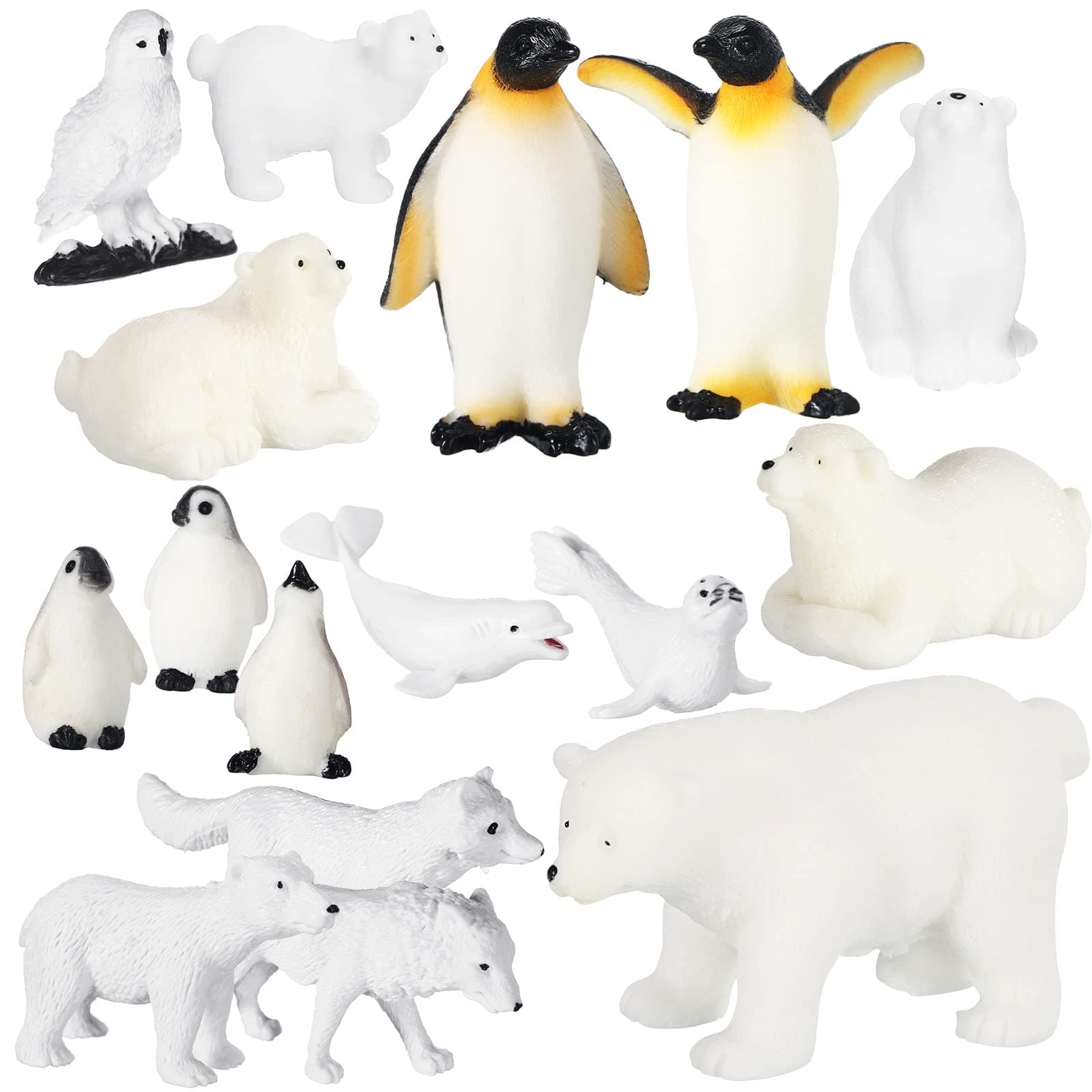 Kasyat 16 Pcs Polar Animals Figurines Antarctic Animals Set Plastic Arctic Figures with White Bear Penguin Figurines Whale Seal Wolf Cat for Adult Party Favor(Vivid Style)