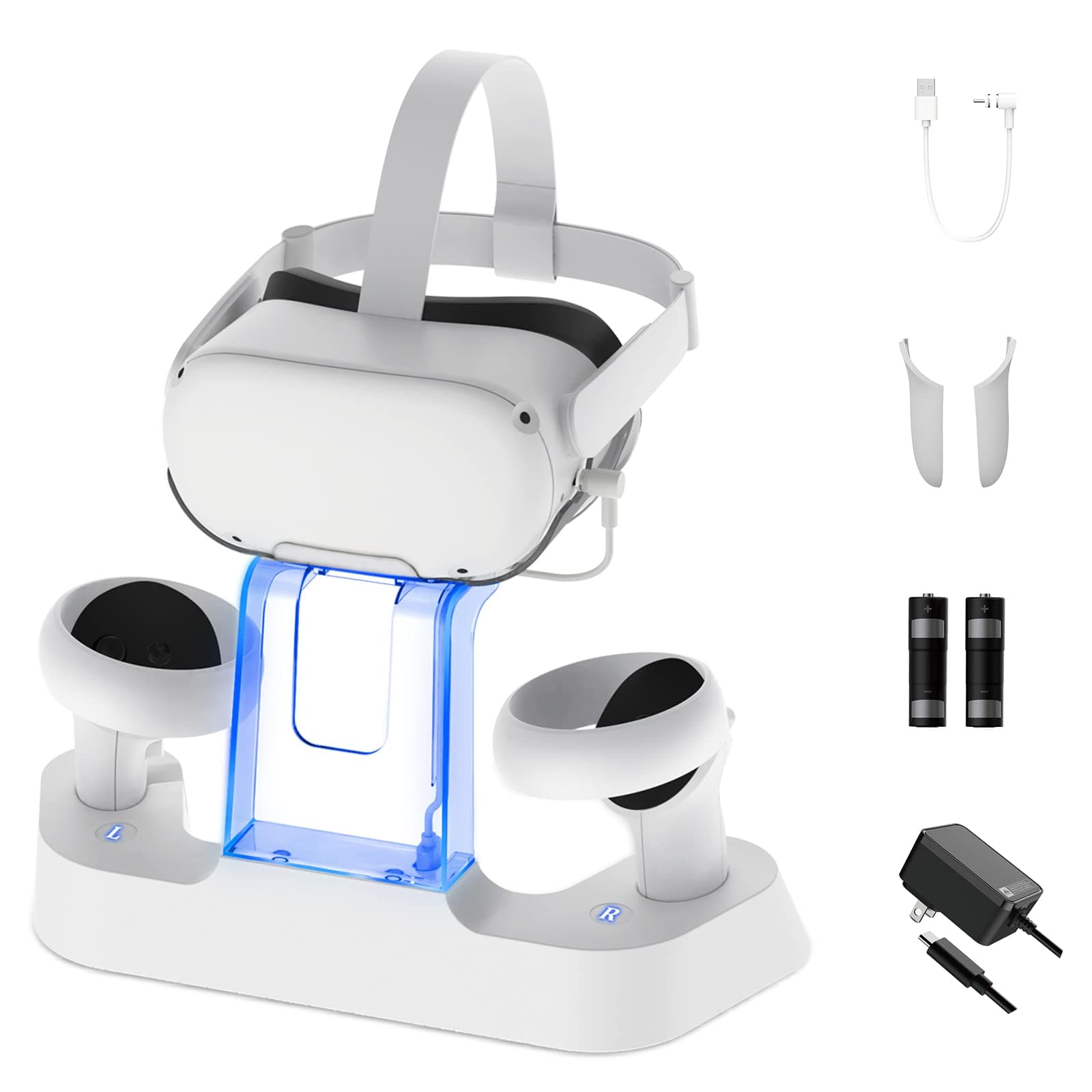 Enhanced Charging Dock with LED Light for Oculus/Meta Quest 2, [Support Elite Strap with Battery], Headset Display Stand and Controller Mount, 2 Rechargeable Batteries, White