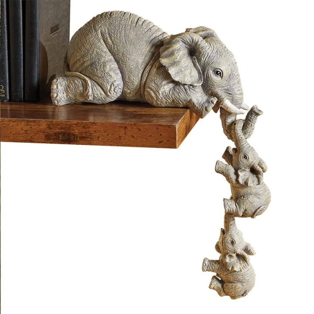 YWHWXB Collectable Elephant Shelf Sitter 3Pcs Set, Mother Elephant Hanging Baby Elephants on The Edge, Mantelpiece Decoration, Hand-Painted Resin Figurines for Home Decor Gift