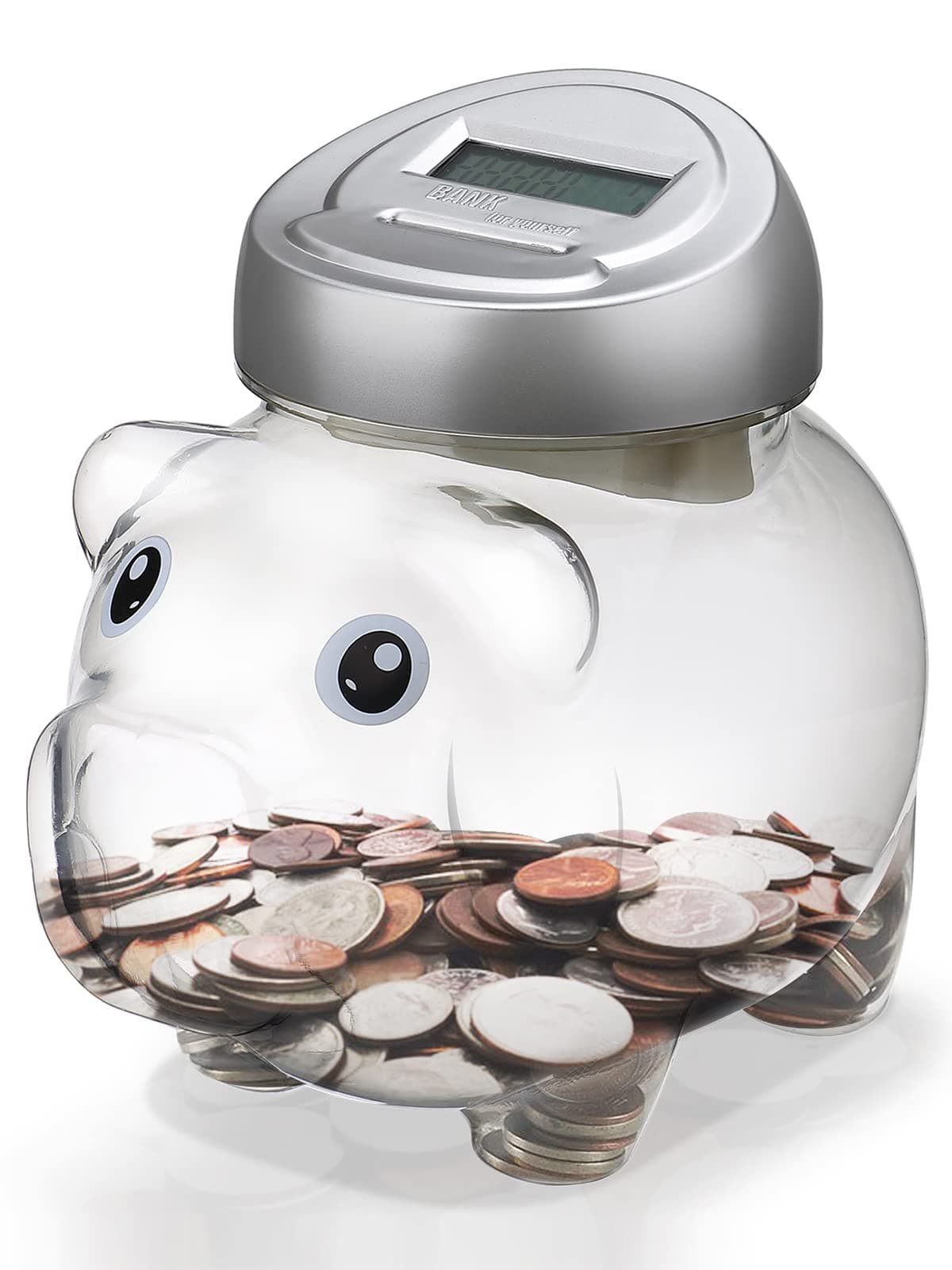 Piggy Digital Coin Bank, Automatic Coin Counter Totals All U.S. Coins, Clear Money Saving Jar with LCD Display, Silver
