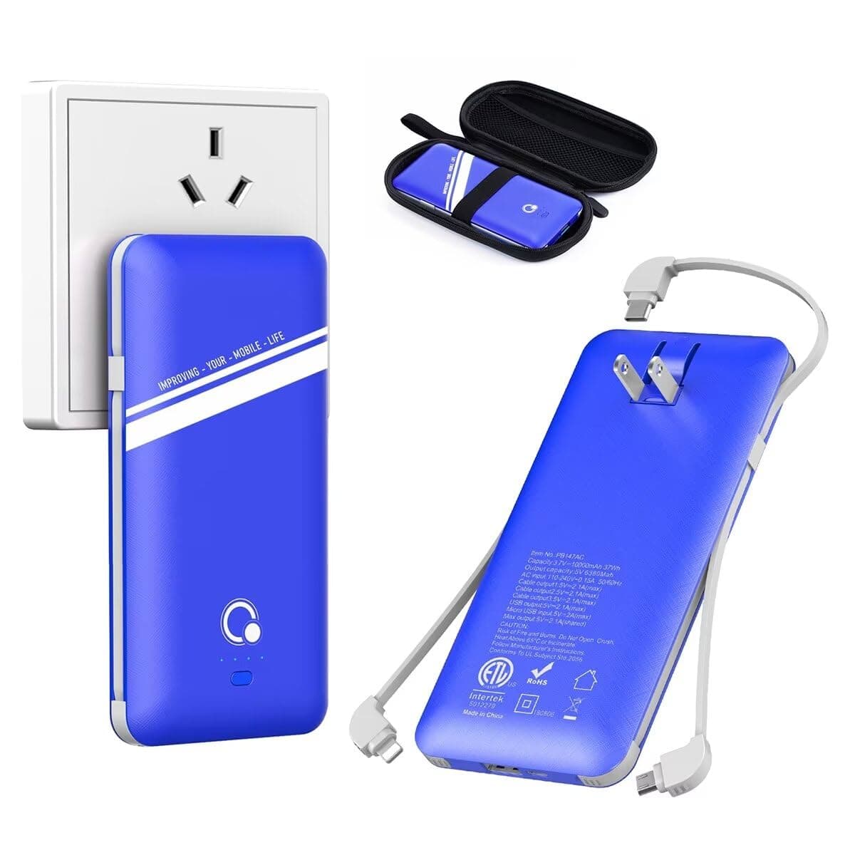 10000mAh Power Bank, Q Slim Phone Portable Charger,4 Output External Battery Pack for Travel with Built-in AC Wall Plug USB C Three Cables Compatible with iPhone All Kinds of Mobilephone (Blue)