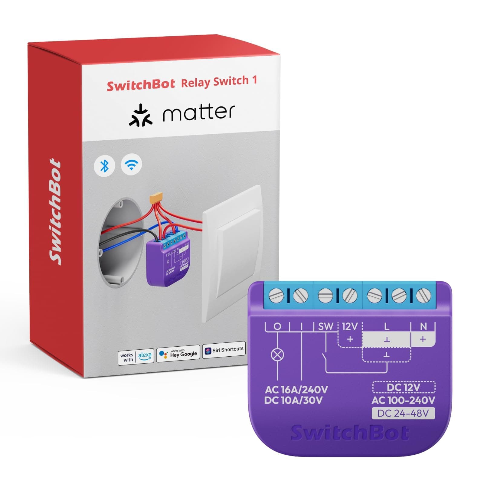 SwitchBot Smart Relay Switch 1,Smart Relay Module with Built-in Hub, Wi-Fi&Bluetooth Switch Compatible with Alexa/Apple Homekit/Google Home/Matter Hub Required, 2.4GHz, Home Automation