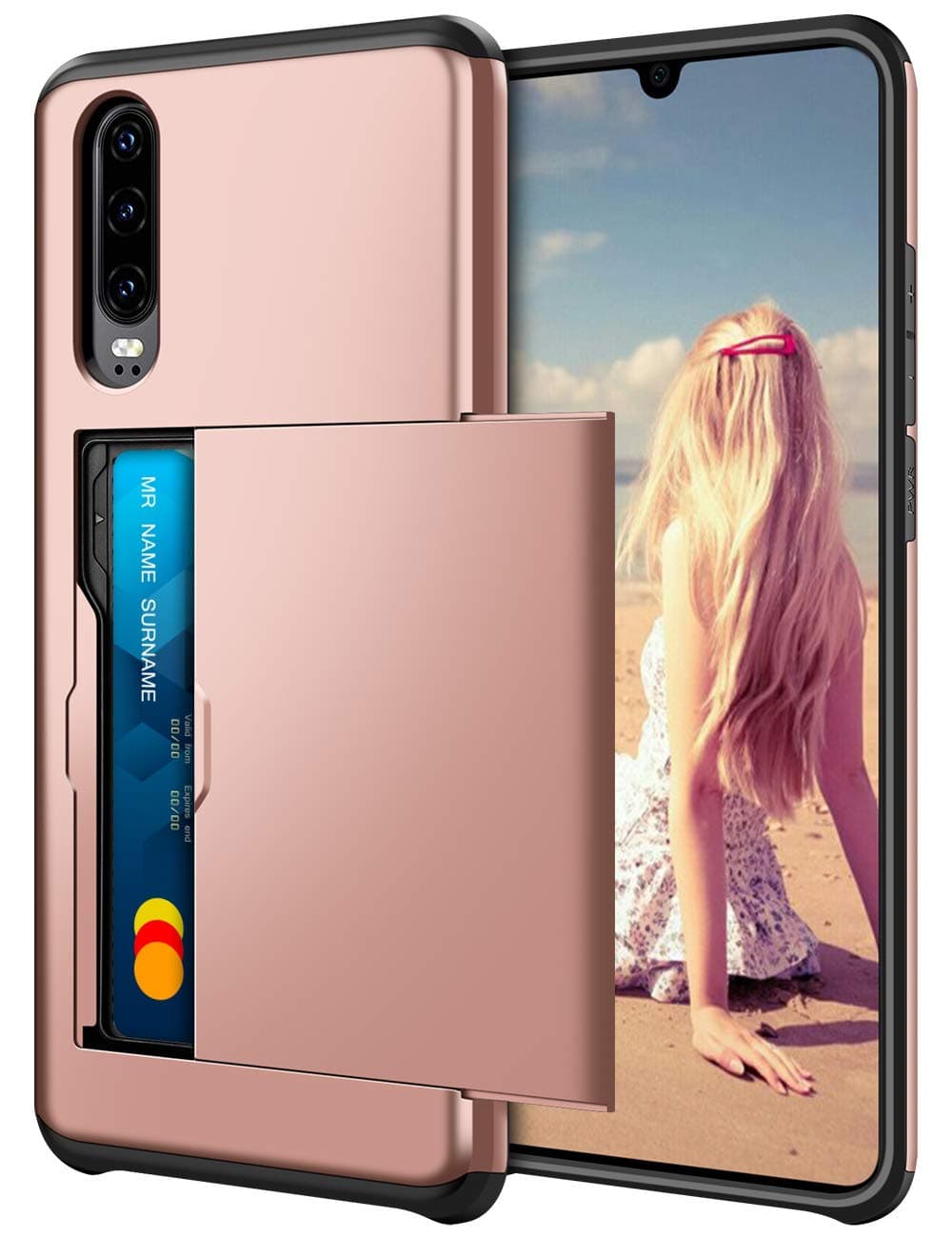 Coolden for Huawei P30 Case Armor Shockproof Case for Huawei P30 Wallet Case Cover Protective Case Heavy Duty Rubber Bumper Card Holder Slot Wallet Case Cover for Huawei P30 Phone Case (Rose Gold)