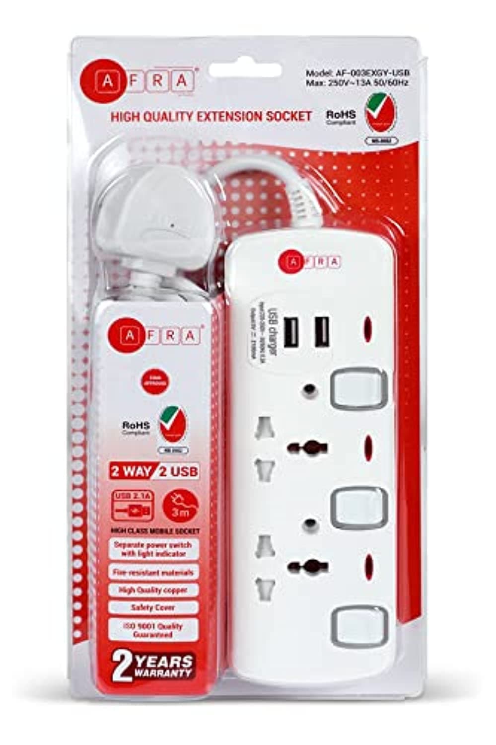 AFRA Universal Extension Cord, 2Way 2USB 3M, 2 Universal Sockets, 2 USB Ports, 3 Meter Cable, Plastic Housing, 250V AF-003EXGY-USB, 2 Years Warranty