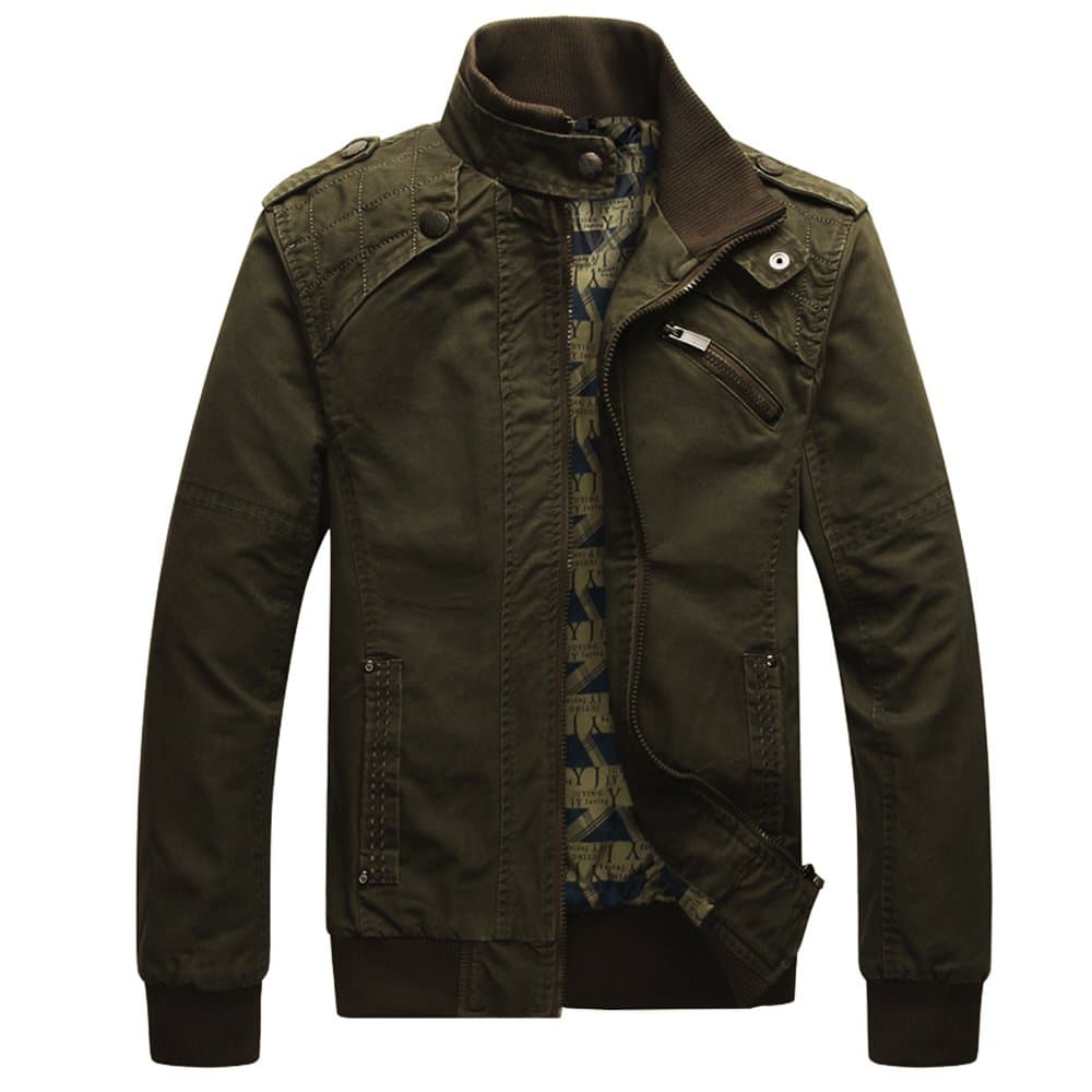 Men's Cotton Casual Long Sleeve Stand Collar Military Windbreaker Jacket with Shoulder Straps