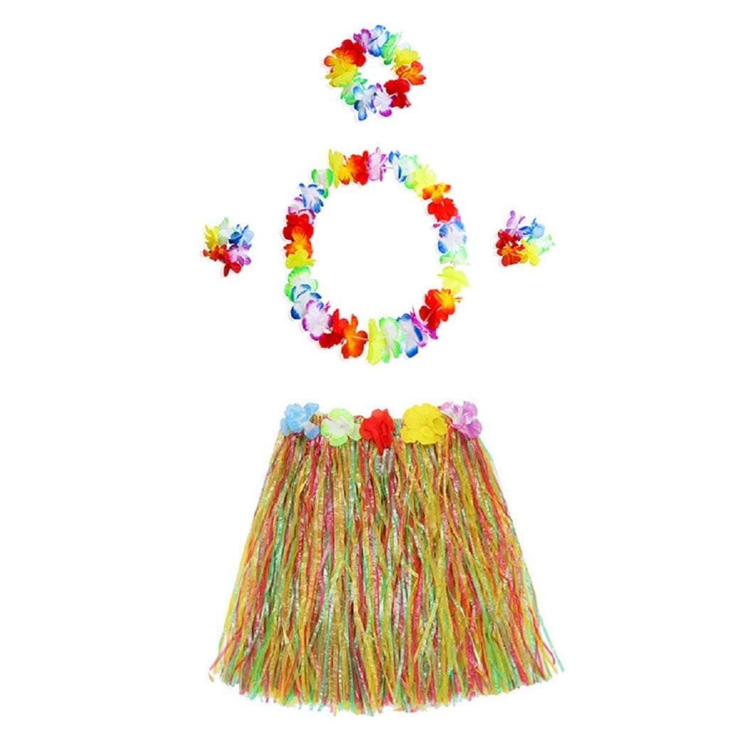 SSTX 5pcs Hawaiian Hula Dancer Grass Skirt Colorful Tropical Luau Flower Leis Headband Necklaces Bracelets Girls Party Supplies
