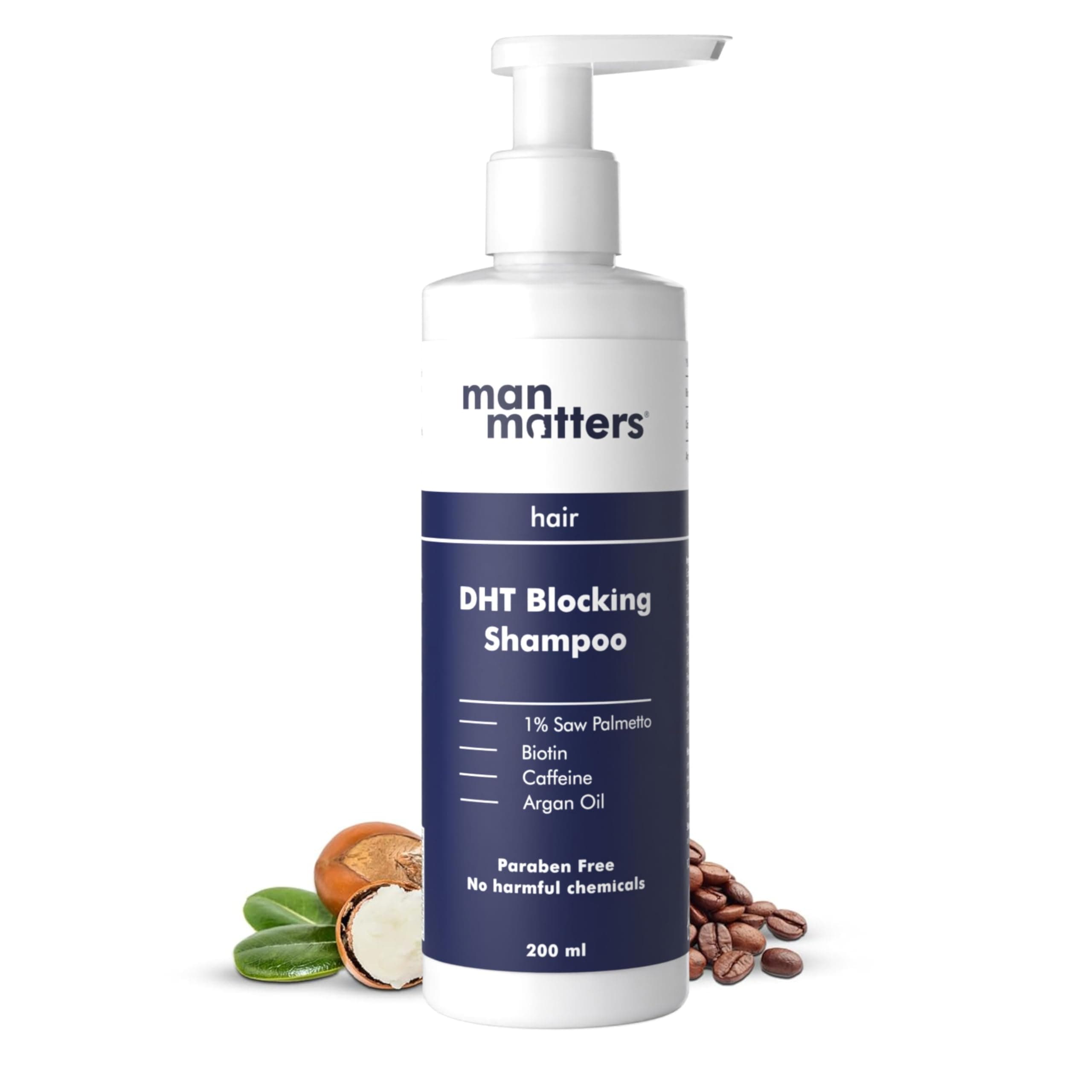 Man Matters DHT Blocking Anti Hair Fall Shampoo 200ml | Paraben & Sulphate Free | With 1% Saw Palmetto, Biotin, Caffeine & Argan Oil | No Side Effects