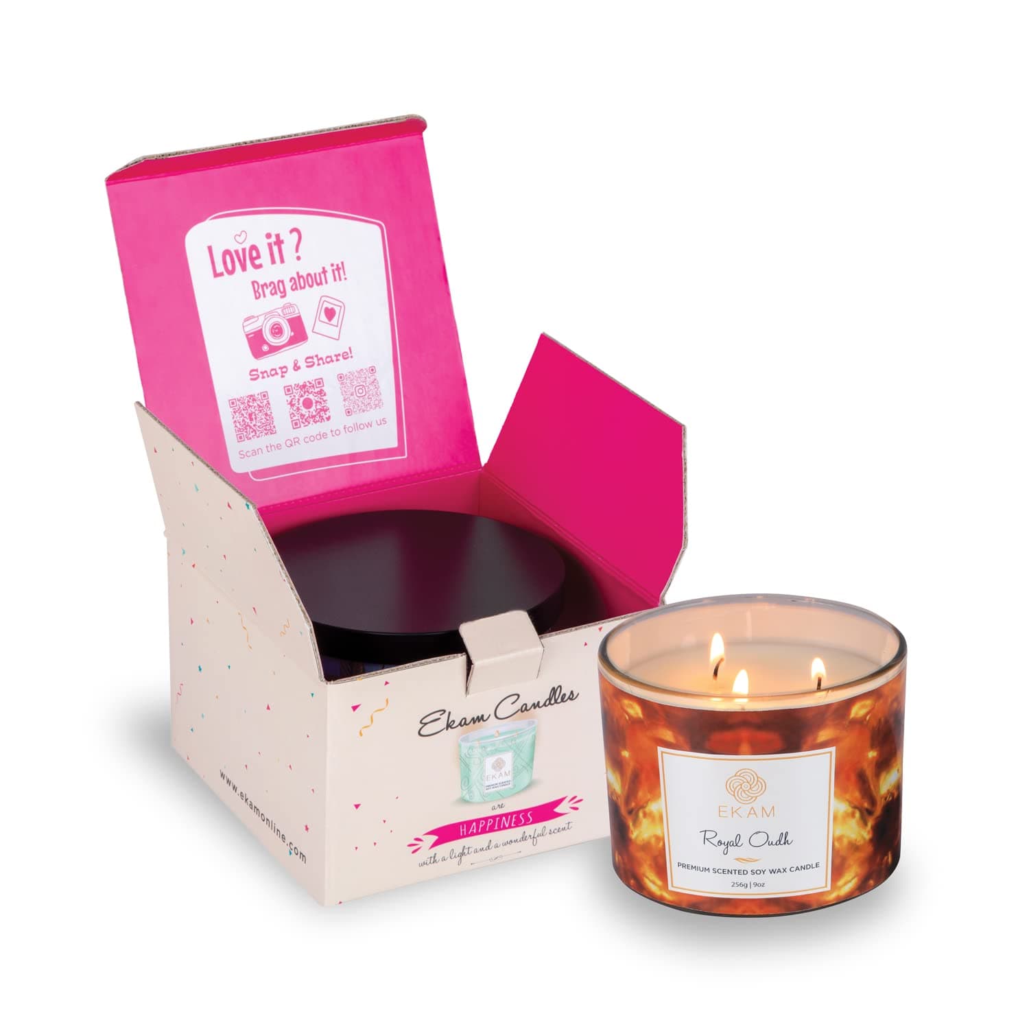 EKAM Royal Oudh 3 Wick Soy Wax Scented Candle - 256 Grams - 30 Hours Burn Time - Ideal for Home Decor, Gifting & Aromatherapy - Best Gift for Diwali